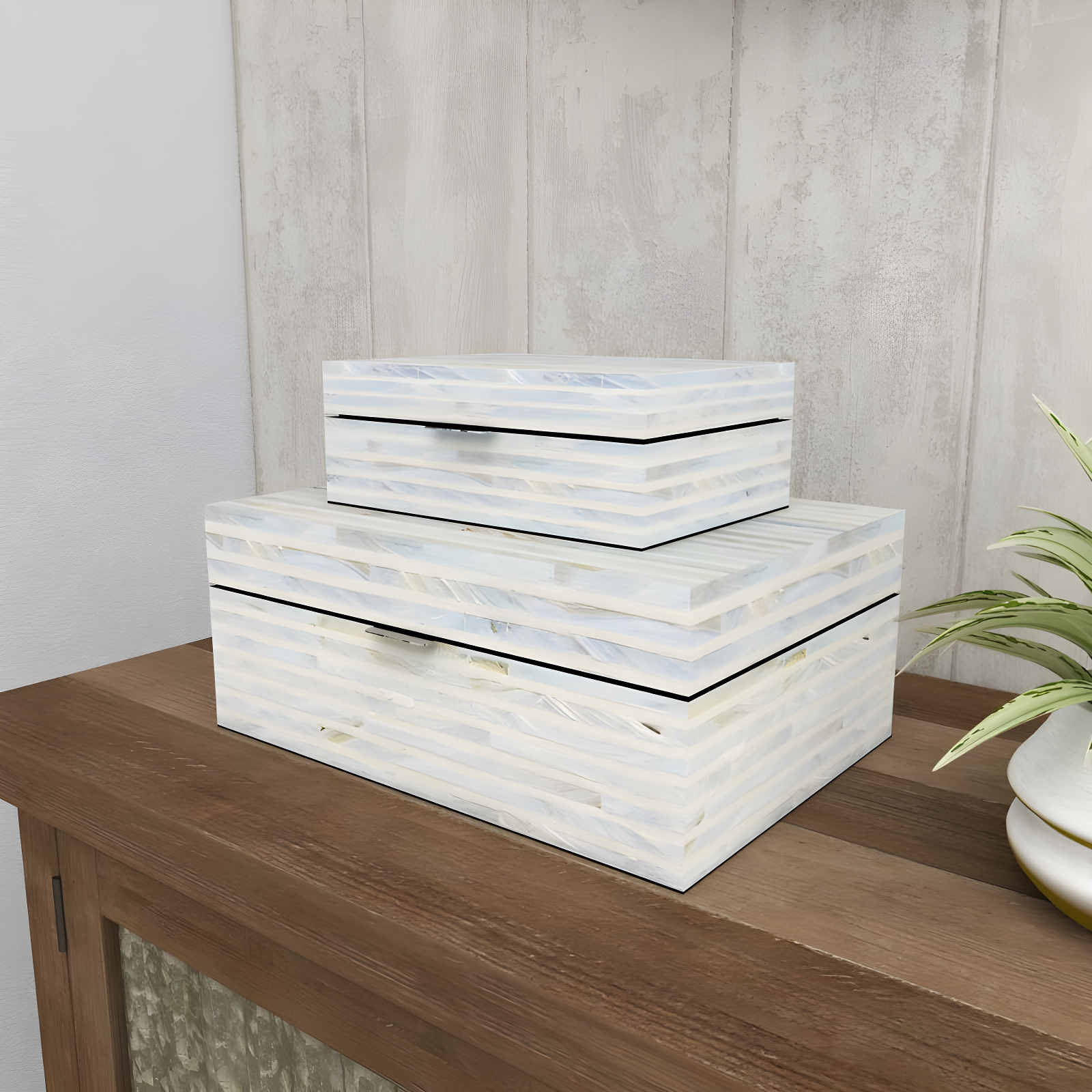 Set of 2 Shell Mosaic Patterned Wood Box White - Olivia & May