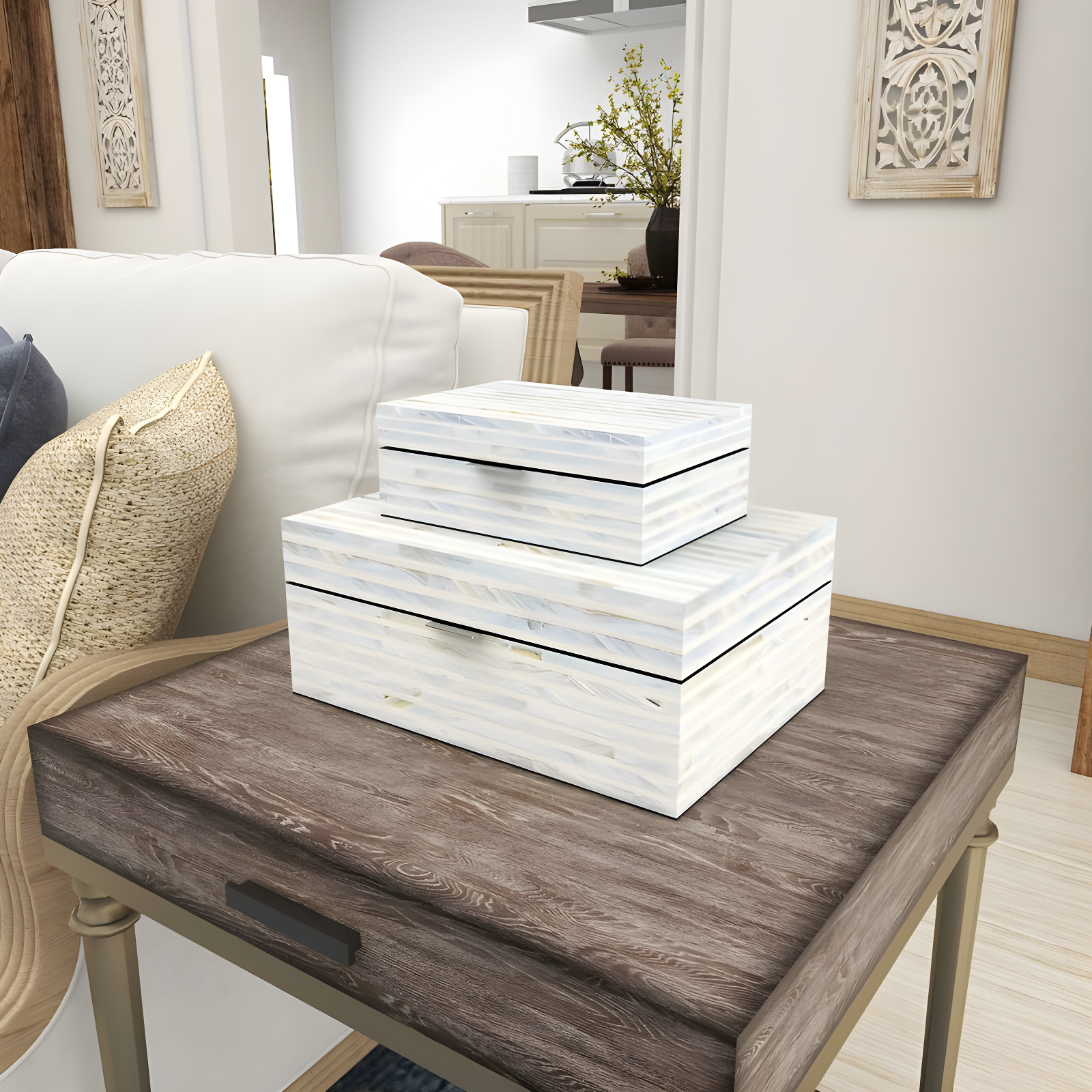 Set of 2 Shell Mosaic Patterned Wood Box White - Olivia & May
