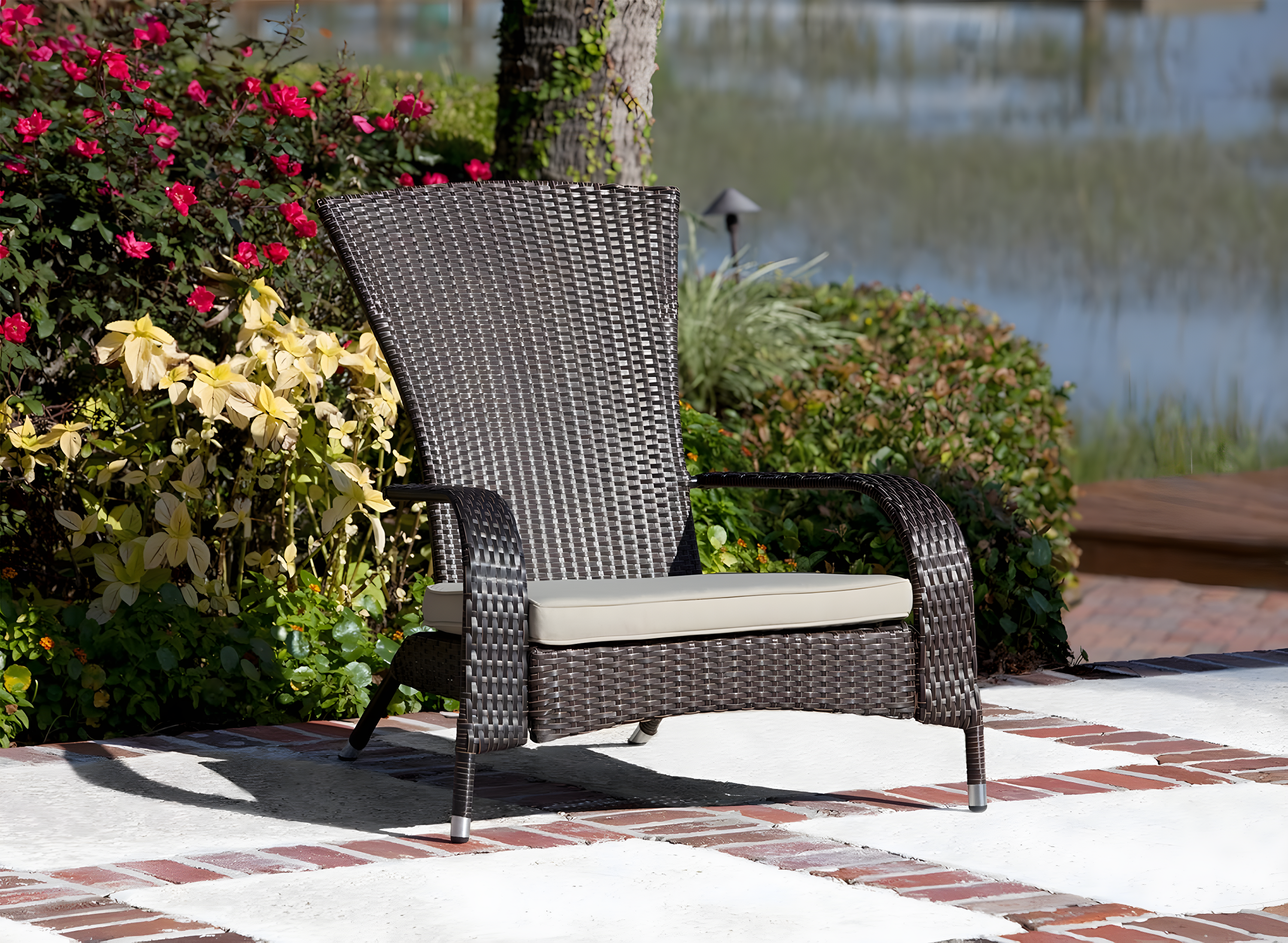 PatioSense Patio Sense Coconino Wicker Lounge Chair, Adirondack Style Includes 3" Thick Beige Cushion & Lumbar Pillow