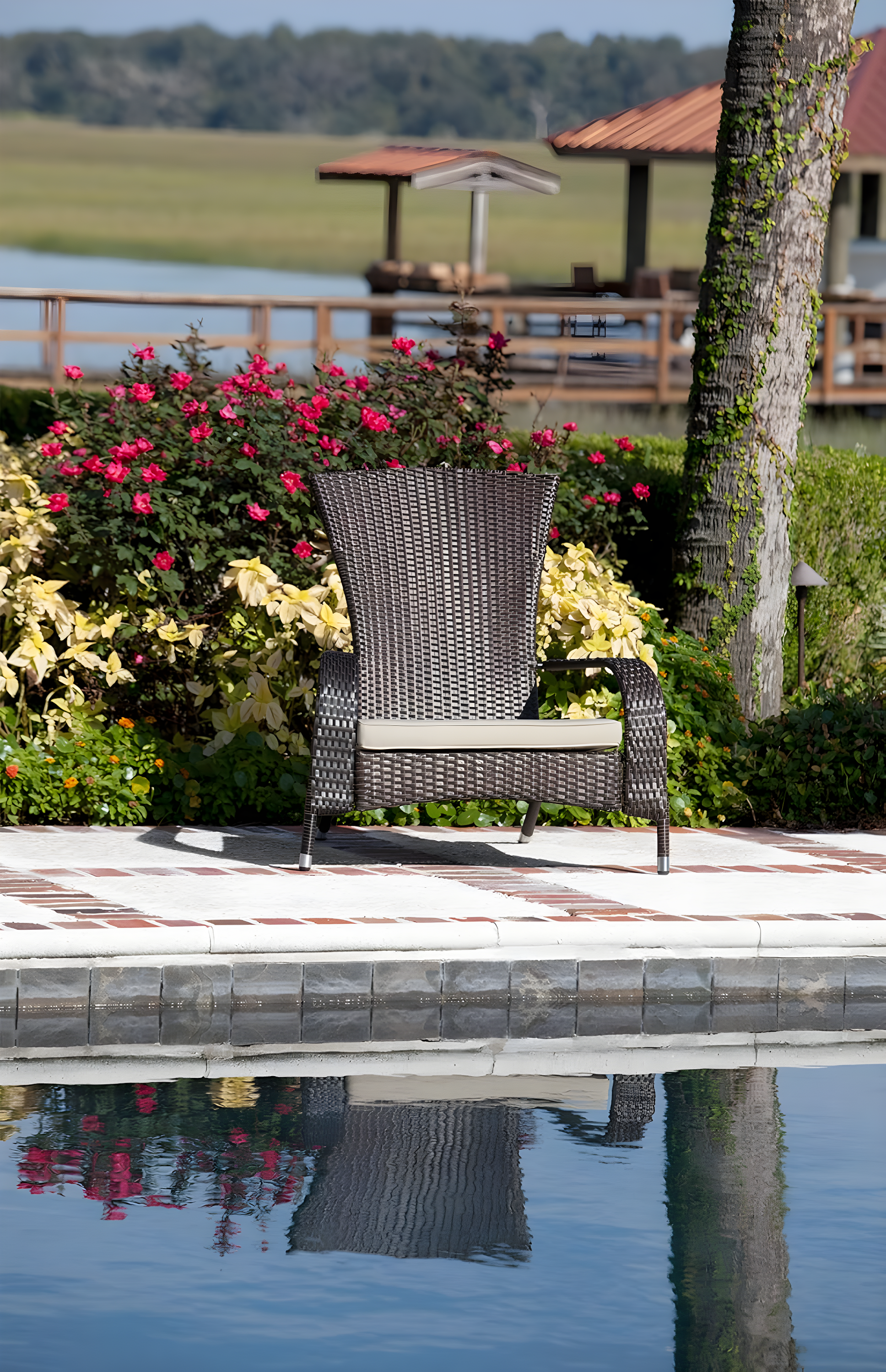 PatioSense Patio Sense Coconino Wicker Lounge Chair, Adirondack Style Includes 3" Thick Beige Cushion & Lumbar Pillow