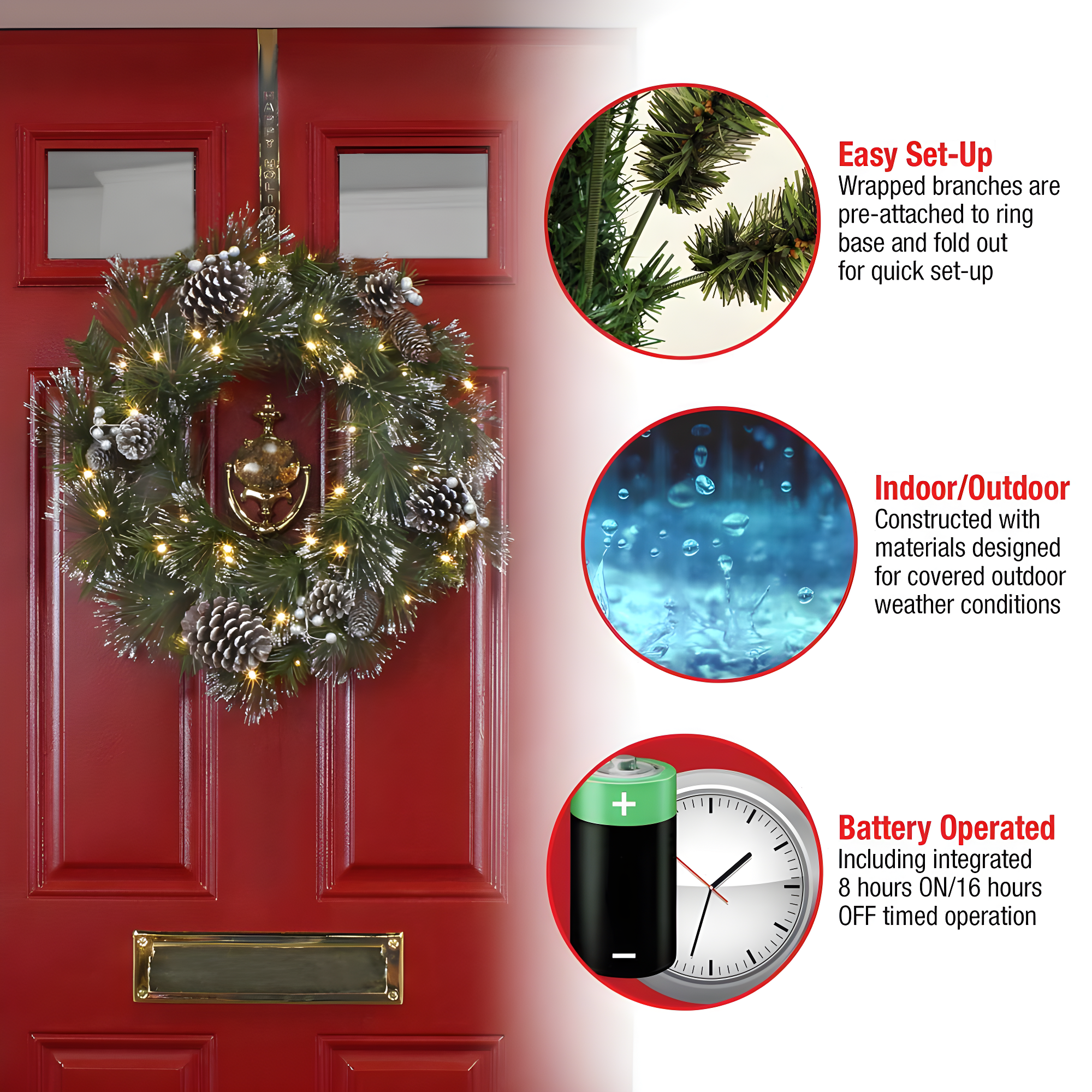 24" Prelit LED Whitter Pine Wreath Warm White Lights - National Tree Company