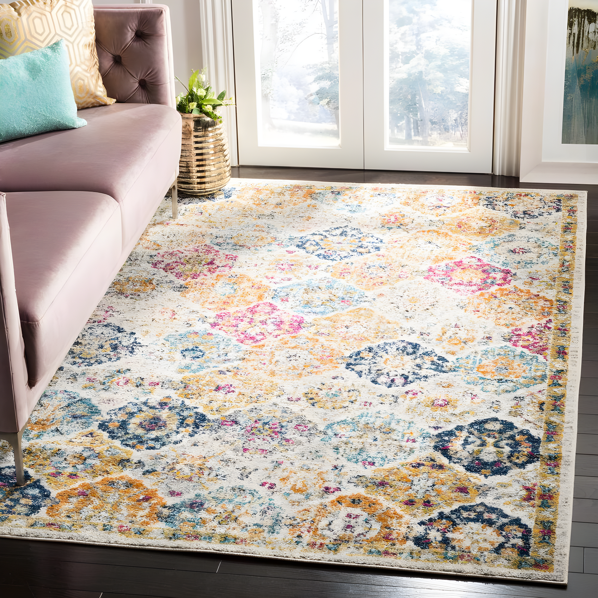 Madison MAD611 Power Loomed Indoor Area Rug - Cream/Multi - 4'x4' - Safavieh