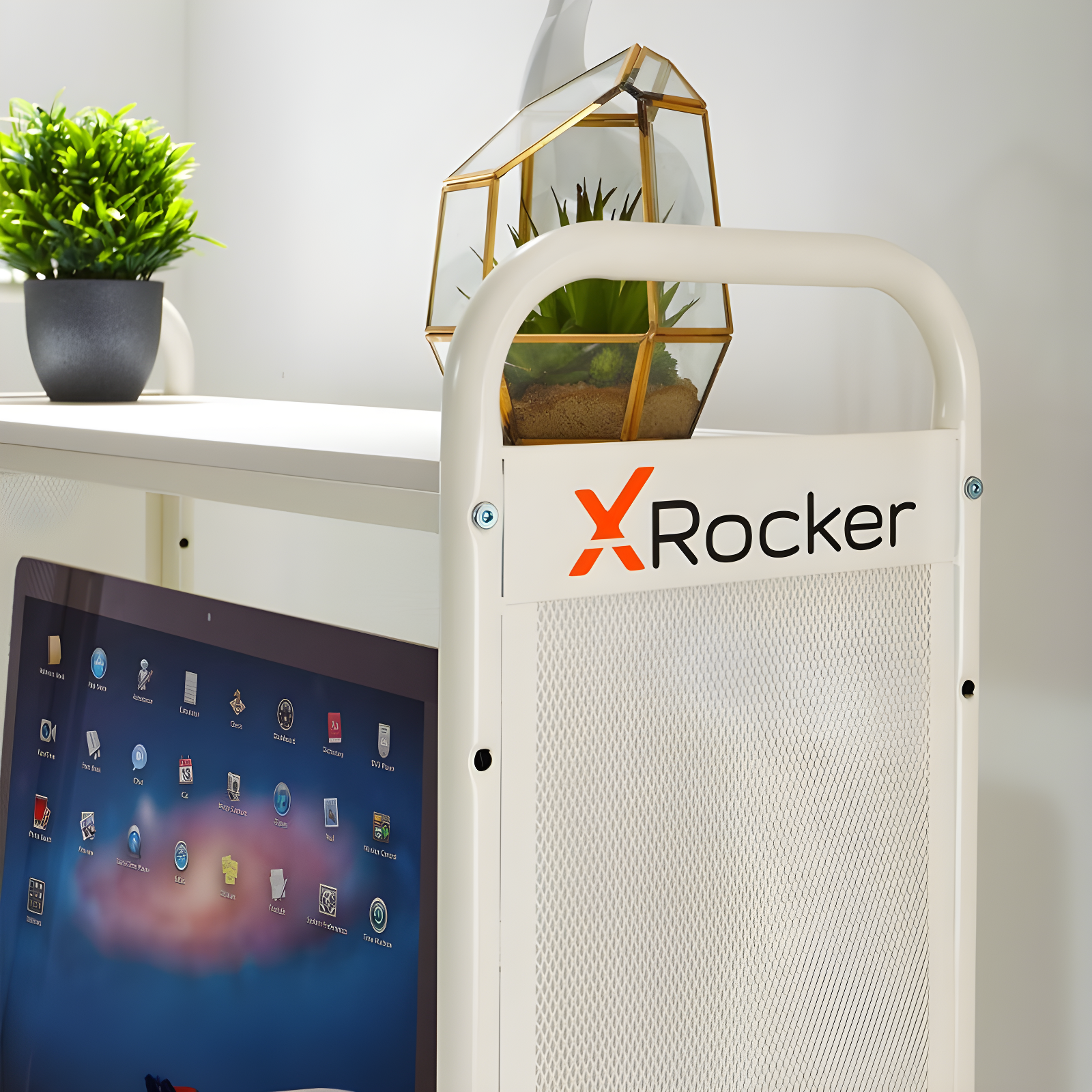 X Rocker iCarus Mesh Gaming Desk with Wood Desktop White: Steel Frame, Open Storage Shelf