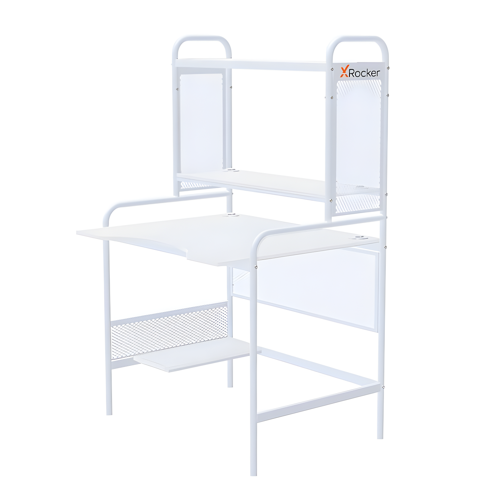 X Rocker iCarus Mesh Gaming Desk with Wood Desktop White: Steel Frame, Open Storage Shelf