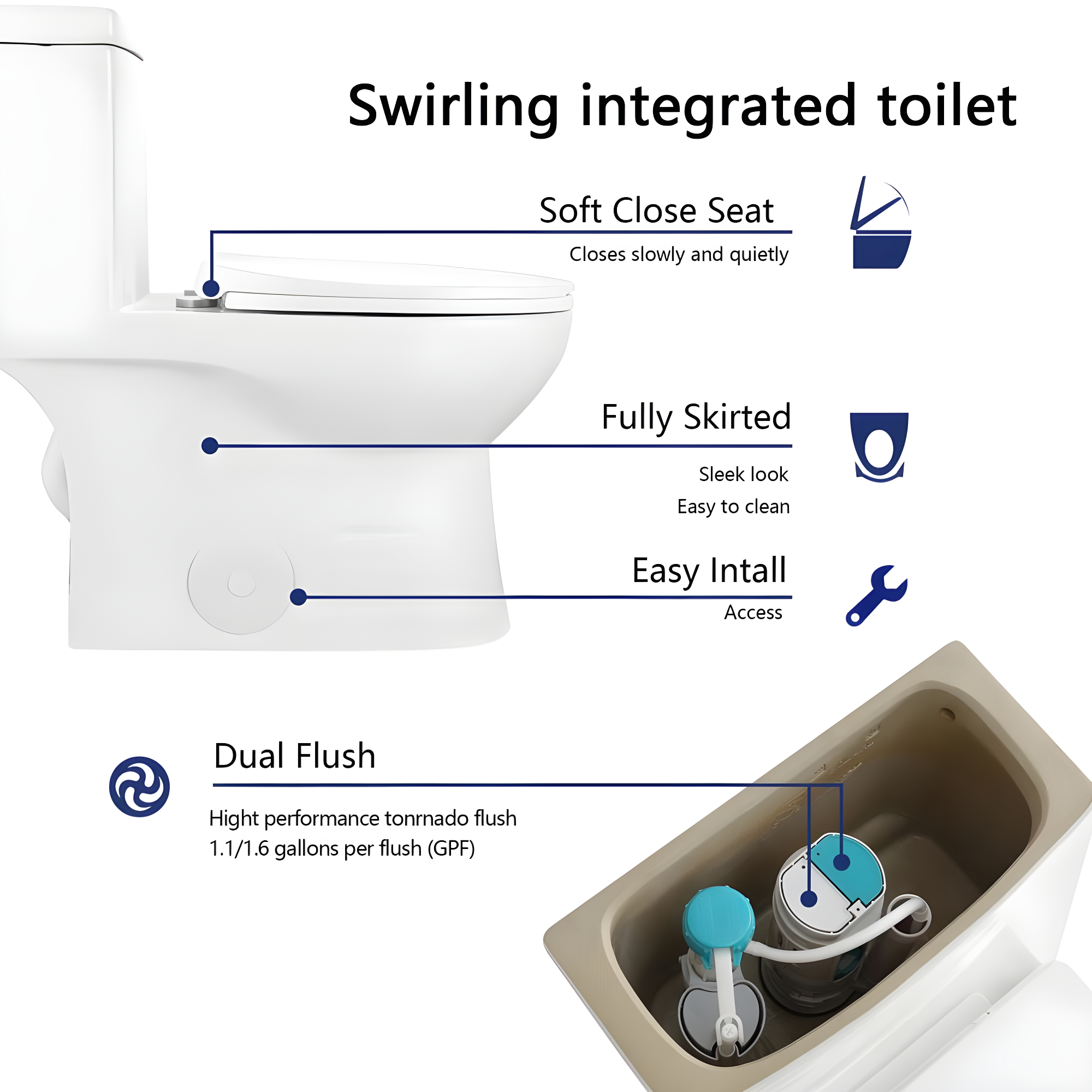 DeerValley Ally Dual-Flush Elongated One-Piece Toilet with Glazed Surface Modern Toilet with Comfort Seat Height  (Seat Included) DV-1F52816