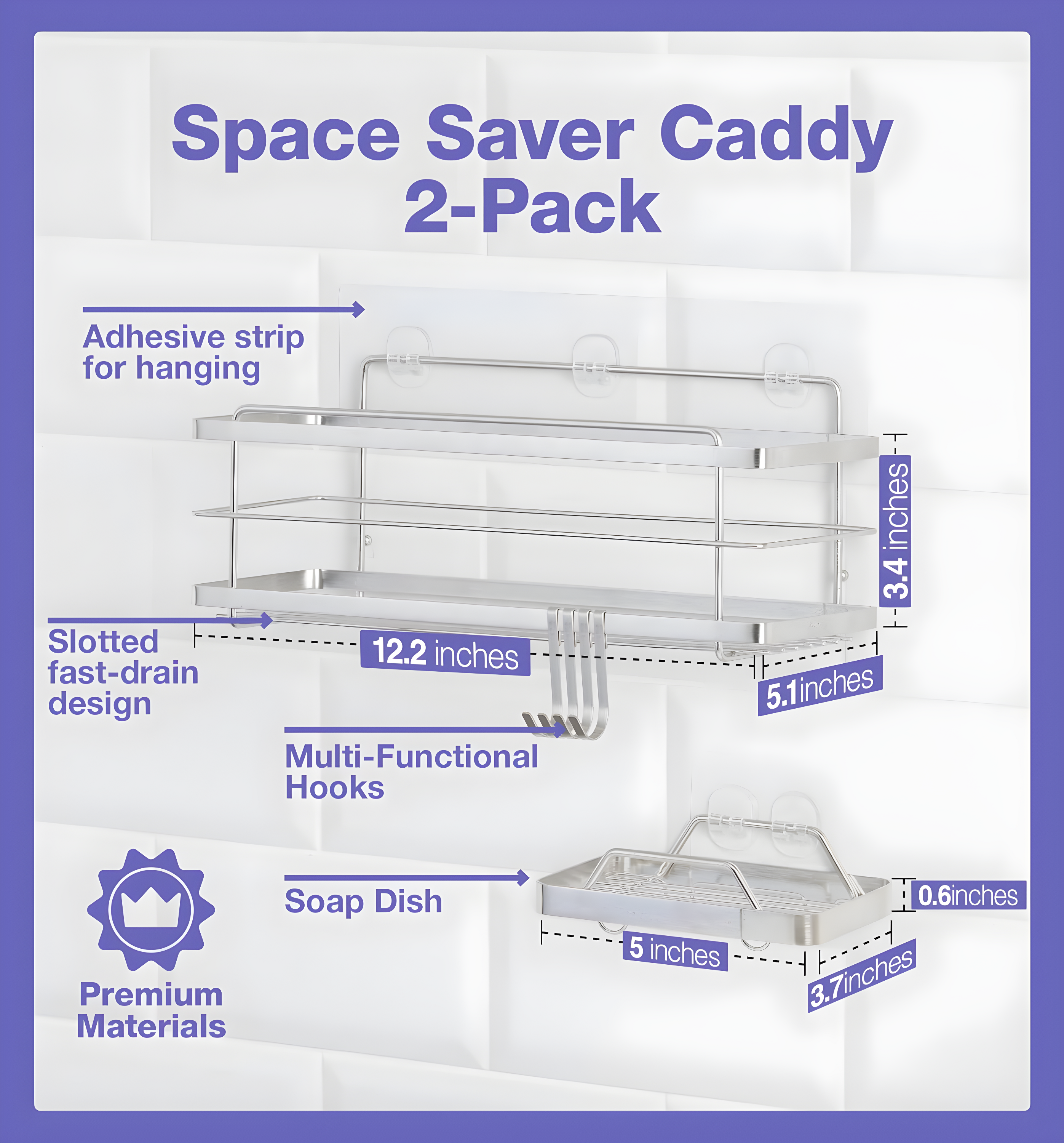KINCMAX Premium Shower Caddy - Adhesive Bathroom Shower Organizer and Storage w/ 4 Hooks