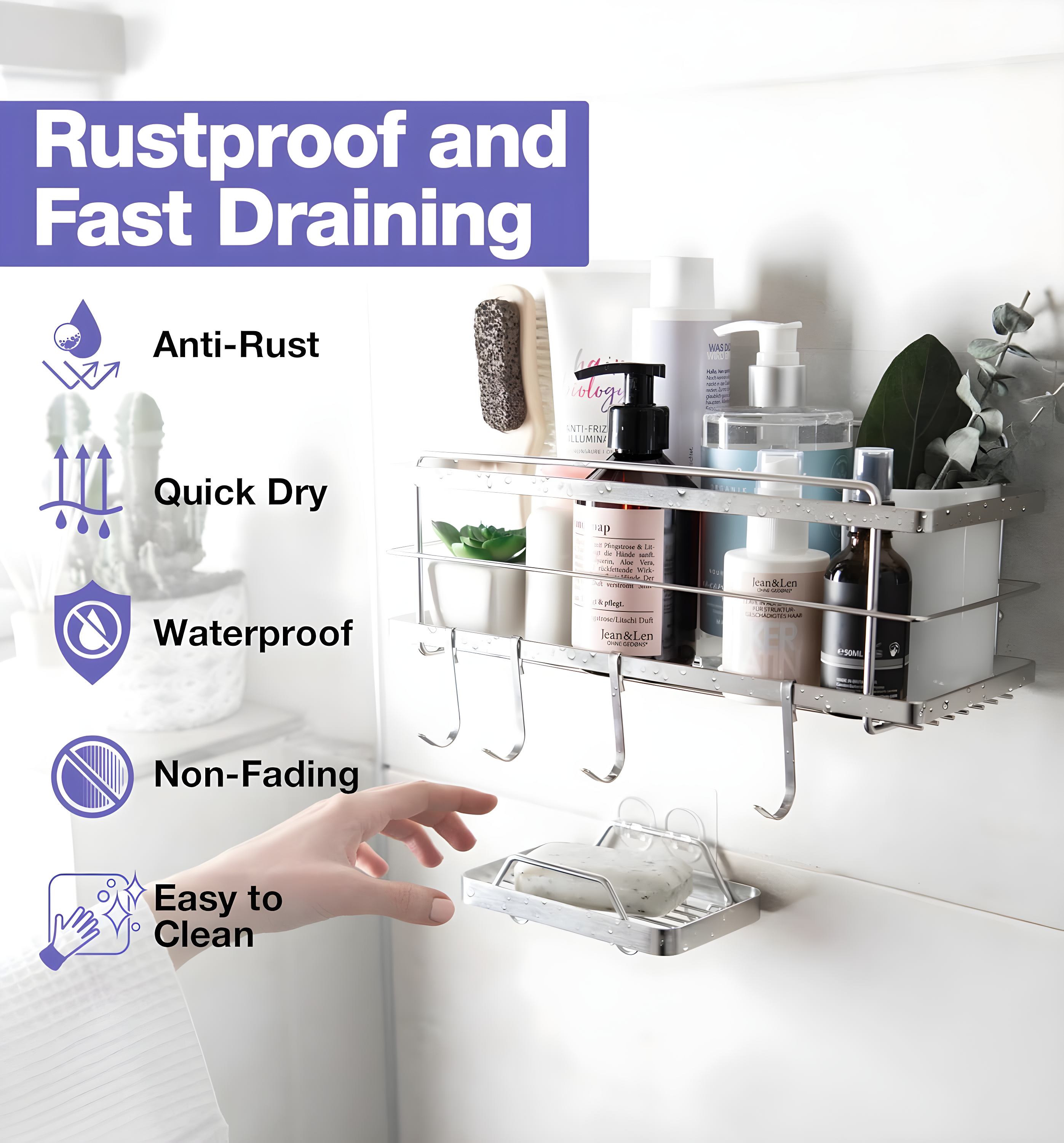 KINCMAX Premium Shower Caddy - Adhesive Bathroom Shower Organizer and Storage w/ 4 Hooks