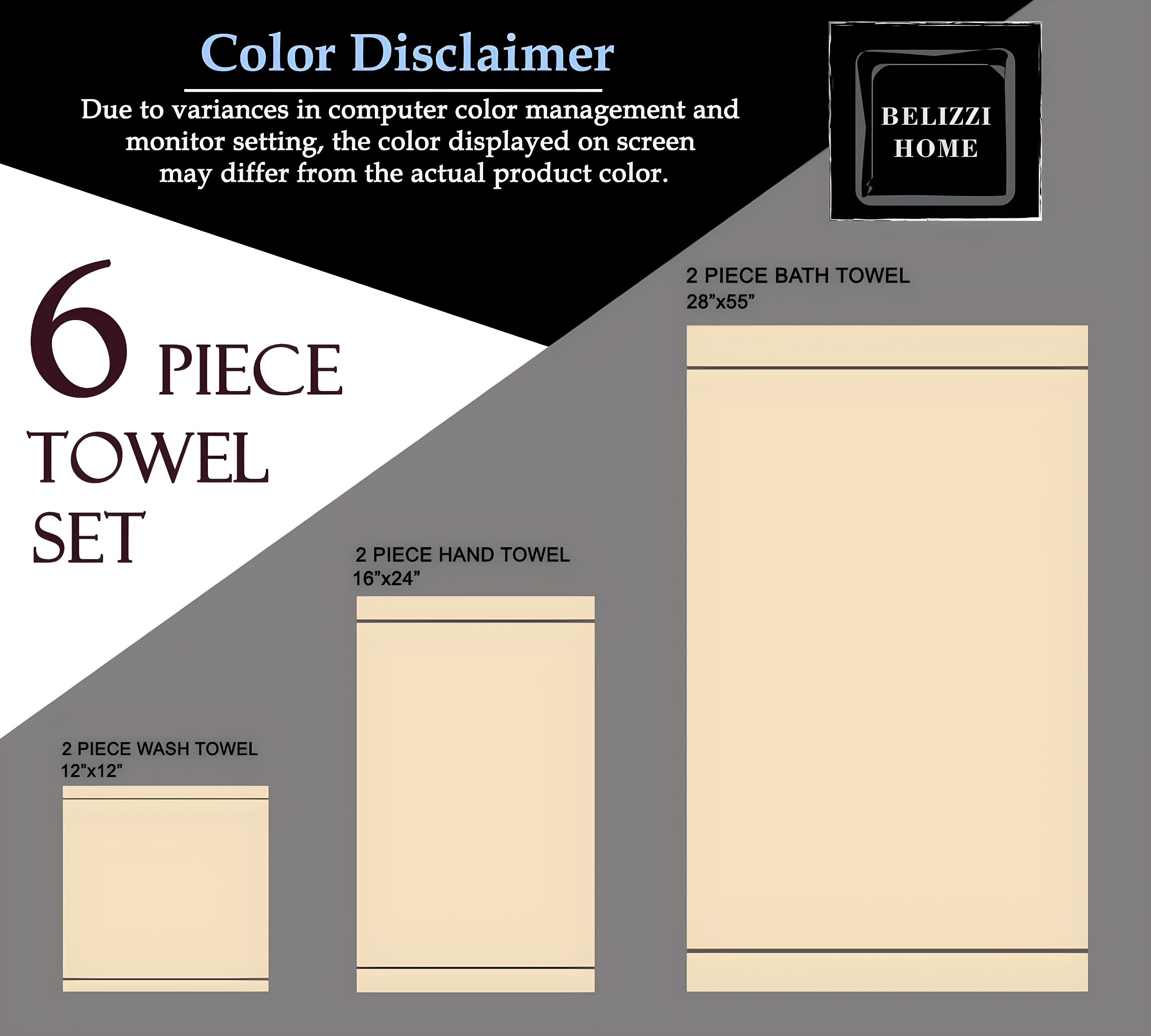 BELIZZI HOME Juego de 6 Toallas de Algodón Ultrasuaves, Contiene 2 Toallas de Baño de 28x55 Pulgadas, 2 Toallas de Mano de 16x24 Pulgadas y 2 Paños de Lavado de 12x12 Pulgadas, Ideal para el Uso Diario, Compacto y Liviano - Negro