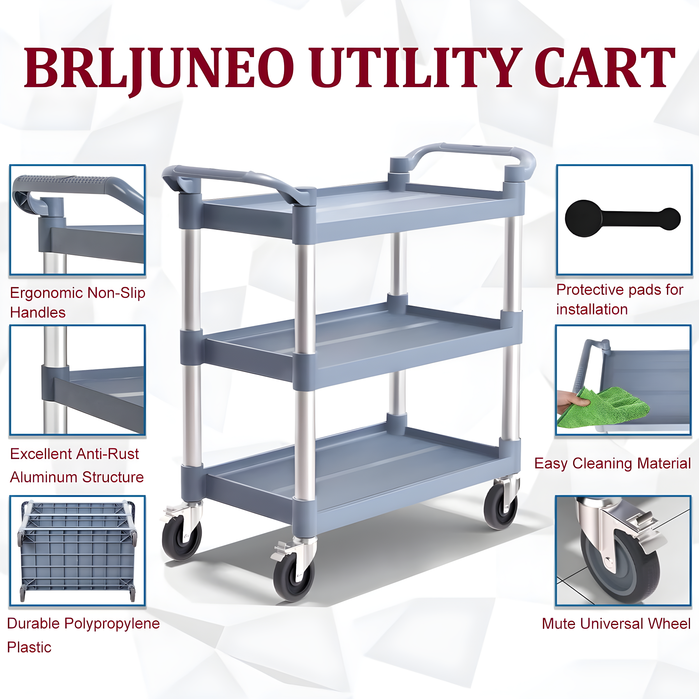Service Cart Heavy Duty 3-Shelf Rolling Utility/Push Cart with Lockable Wheels, 360 lbs. Capacity, for Foodservice/Restaurant/Cleaning