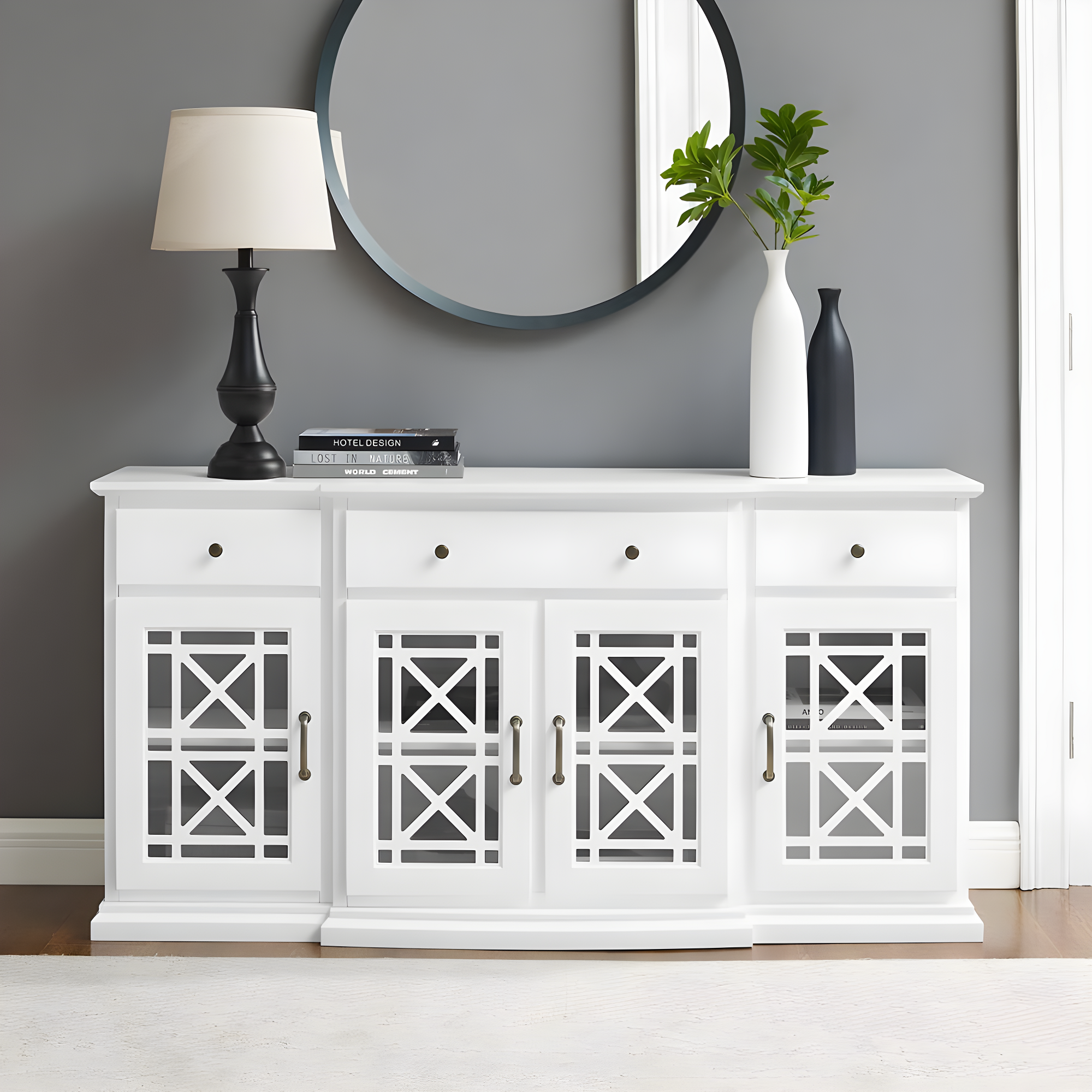 Walker Edison Traditional Fretwork TV Stand, White