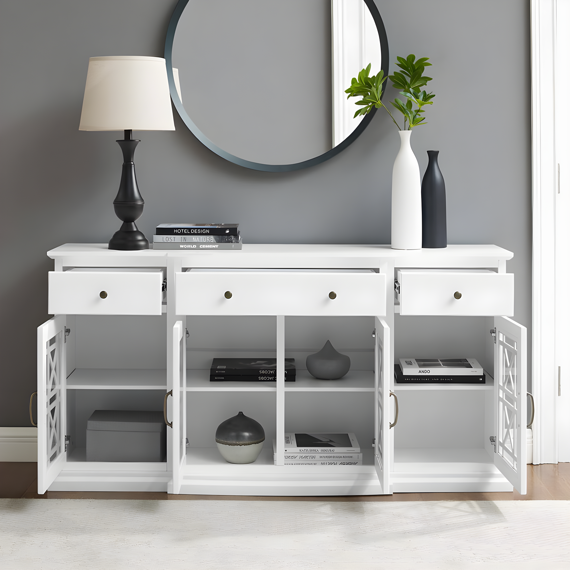 Walker Edison Traditional Fretwork TV Stand, White