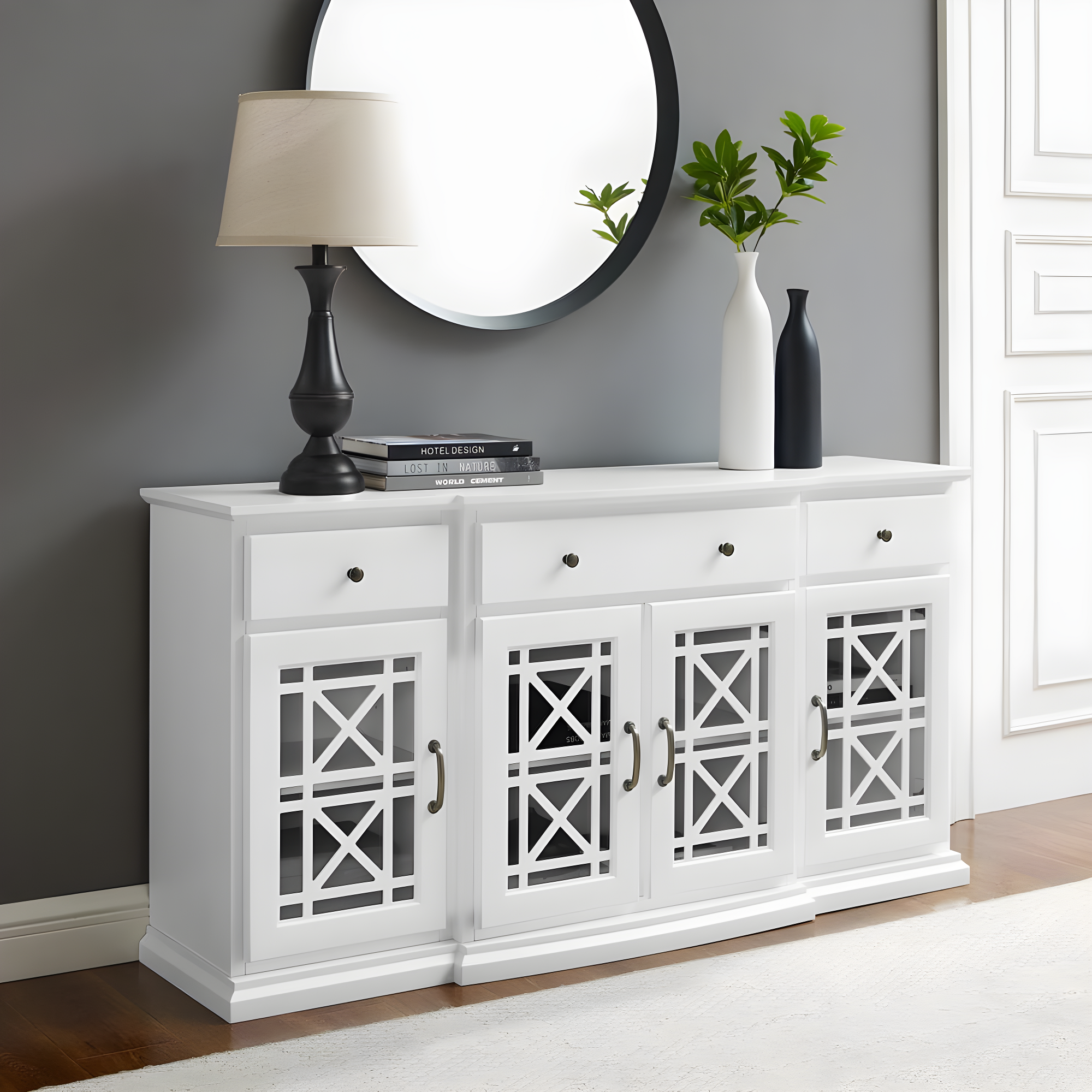 Walker Edison Traditional Fretwork TV Stand, White