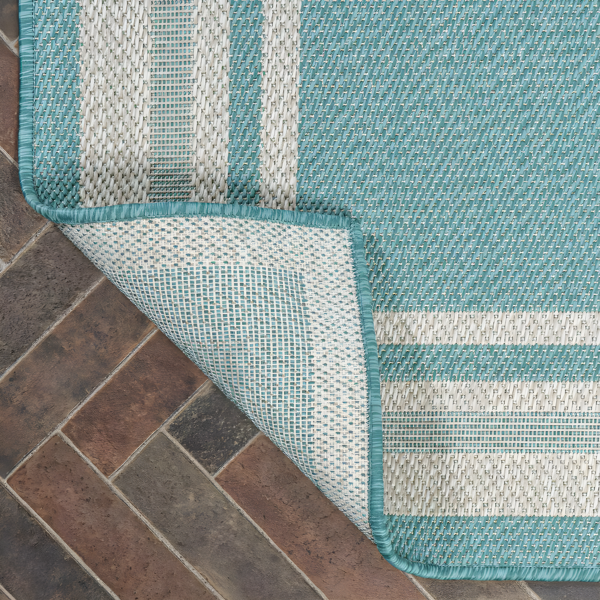 2' x 8' James Modern Border Stripe Indoor/Outdoor Runner Rug, Aqua/Beige - JONATHAN Y