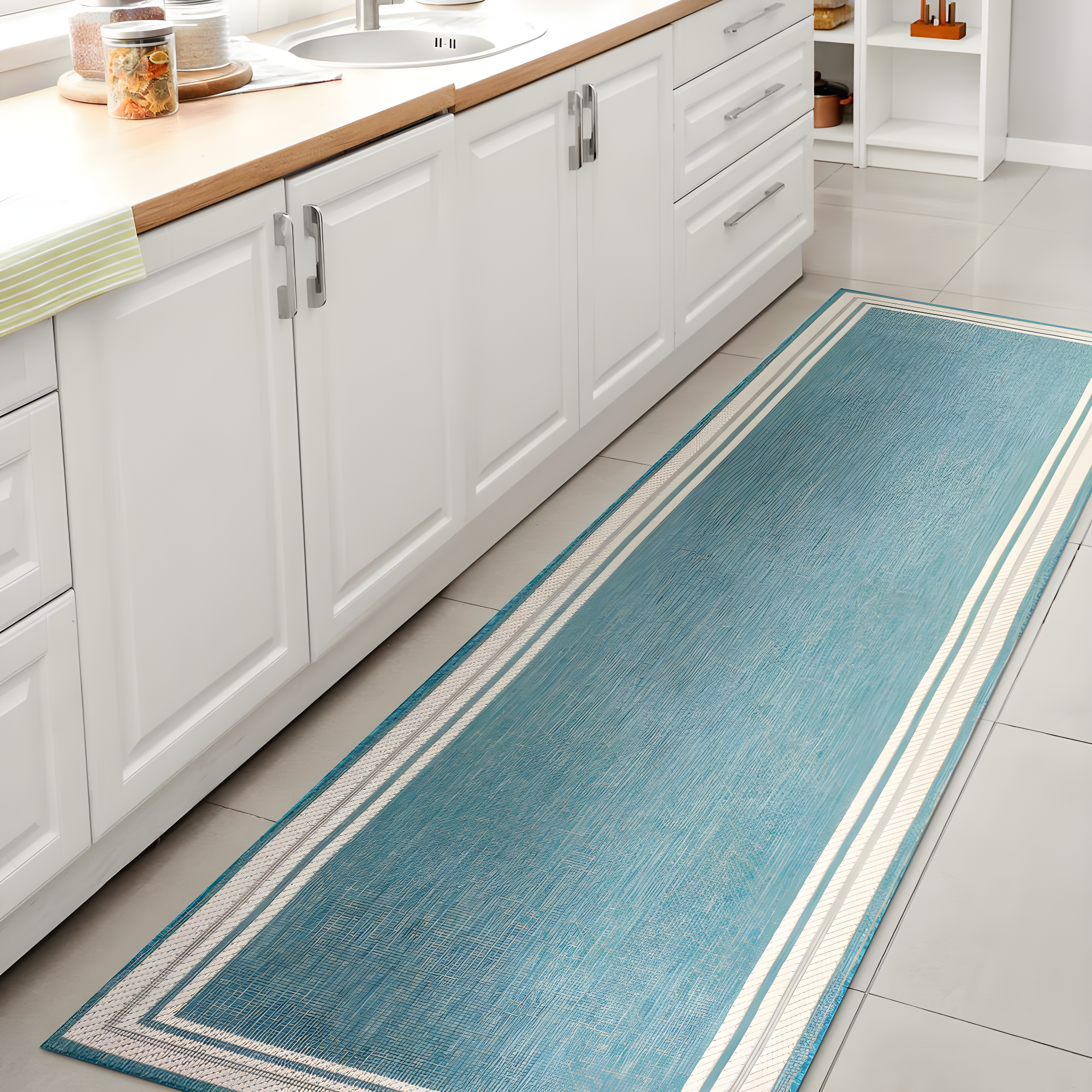 2' x 8' James Modern Border Stripe Indoor/Outdoor Runner Rug, Aqua/Beige - JONATHAN Y
