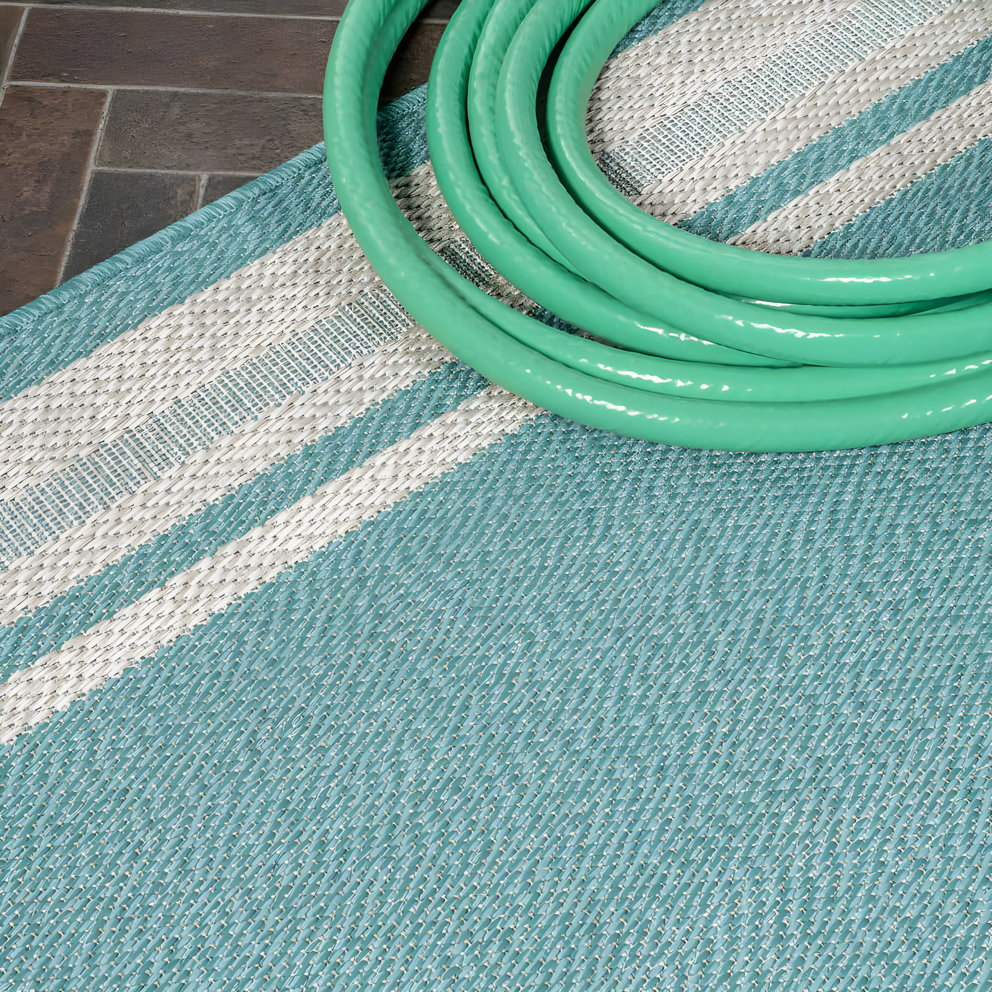 2' x 8' James Modern Border Stripe Indoor/Outdoor Runner Rug, Aqua/Beige - JONATHAN Y