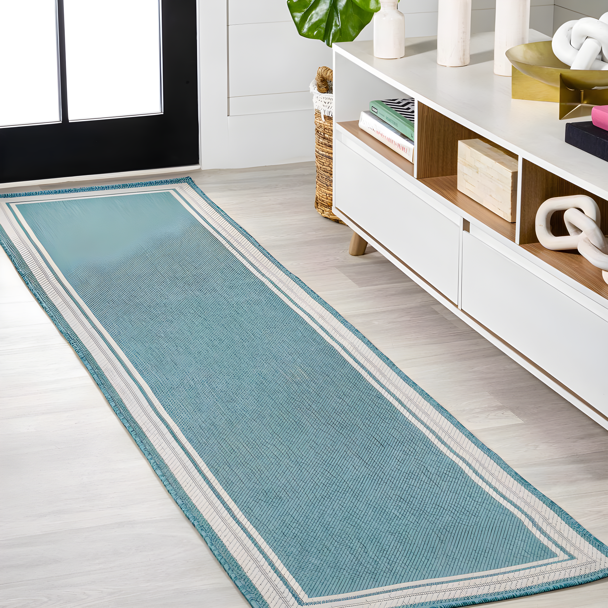 2' x 8' James Modern Border Stripe Indoor/Outdoor Runner Rug, Aqua/Beige - JONATHAN Y