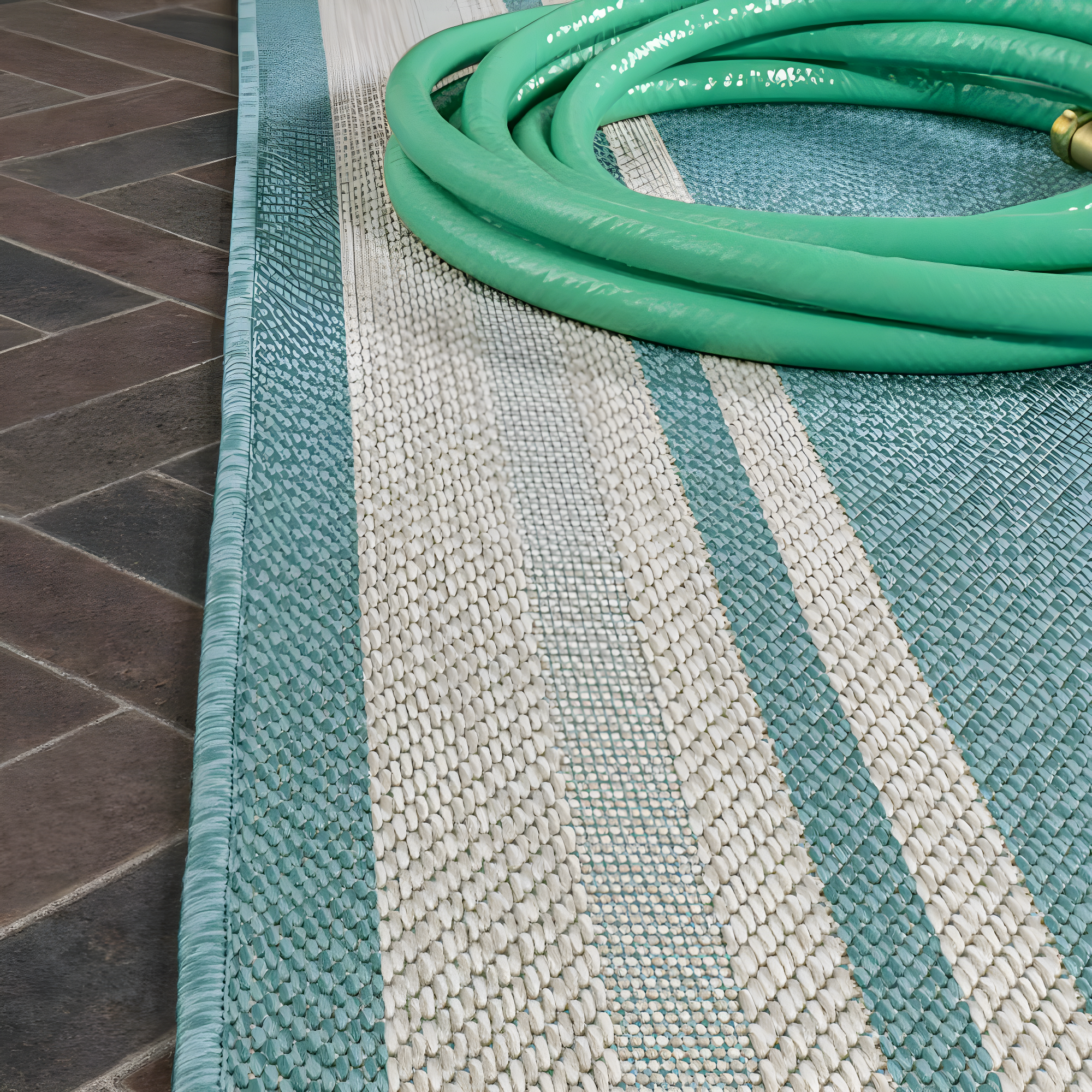 2' x 8' James Modern Border Stripe Indoor/Outdoor Runner Rug, Aqua/Beige - JONATHAN Y