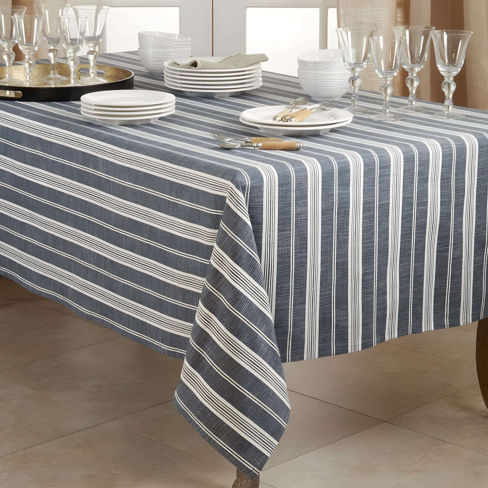 Saro Lifestyle Striped Design Tablecloth, 65"x120", Blue