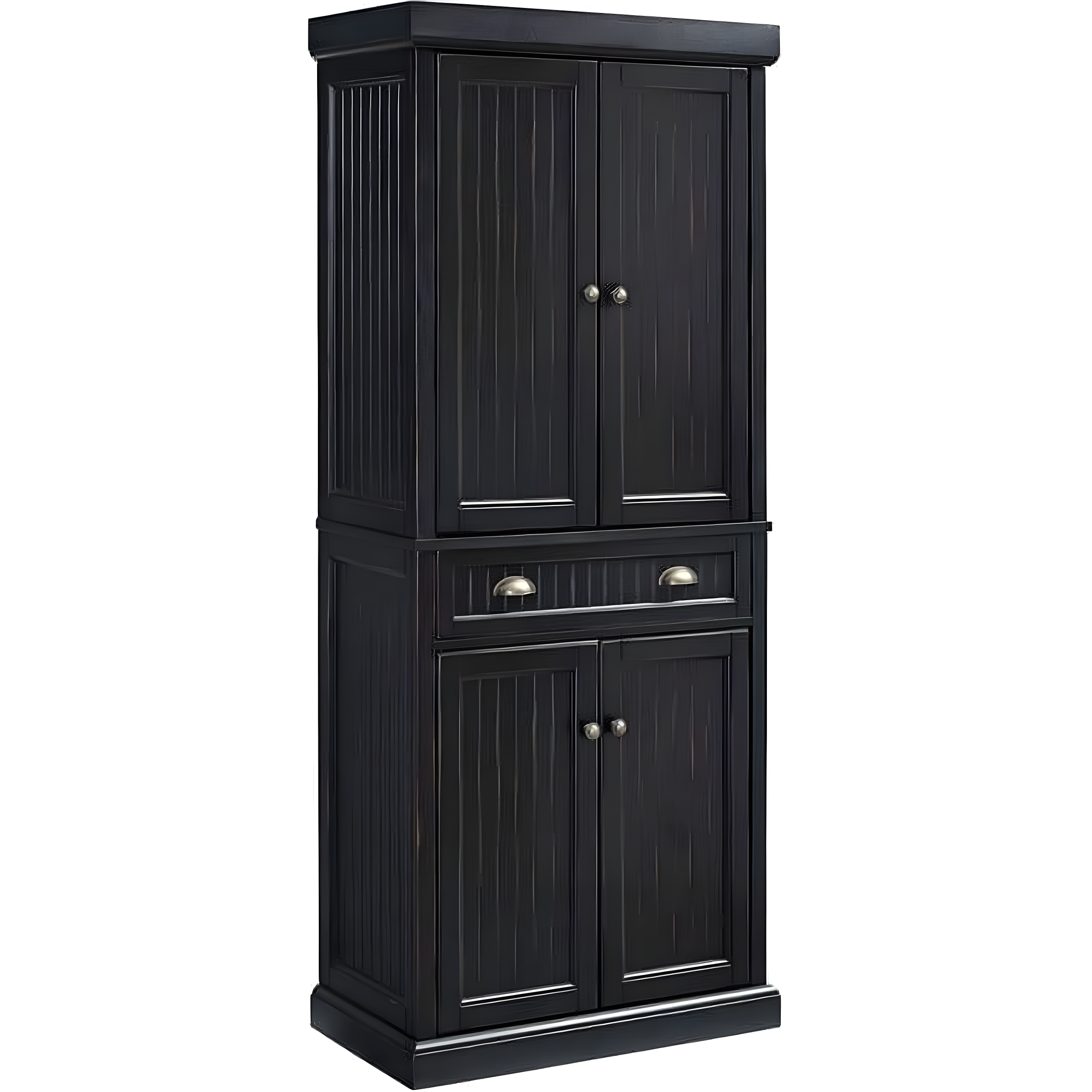 Crosley Seaside Kitchen Pantry Distressed Black: Traditional Style, 4-Door Hutch, 6 Shelves, Wood Veneer