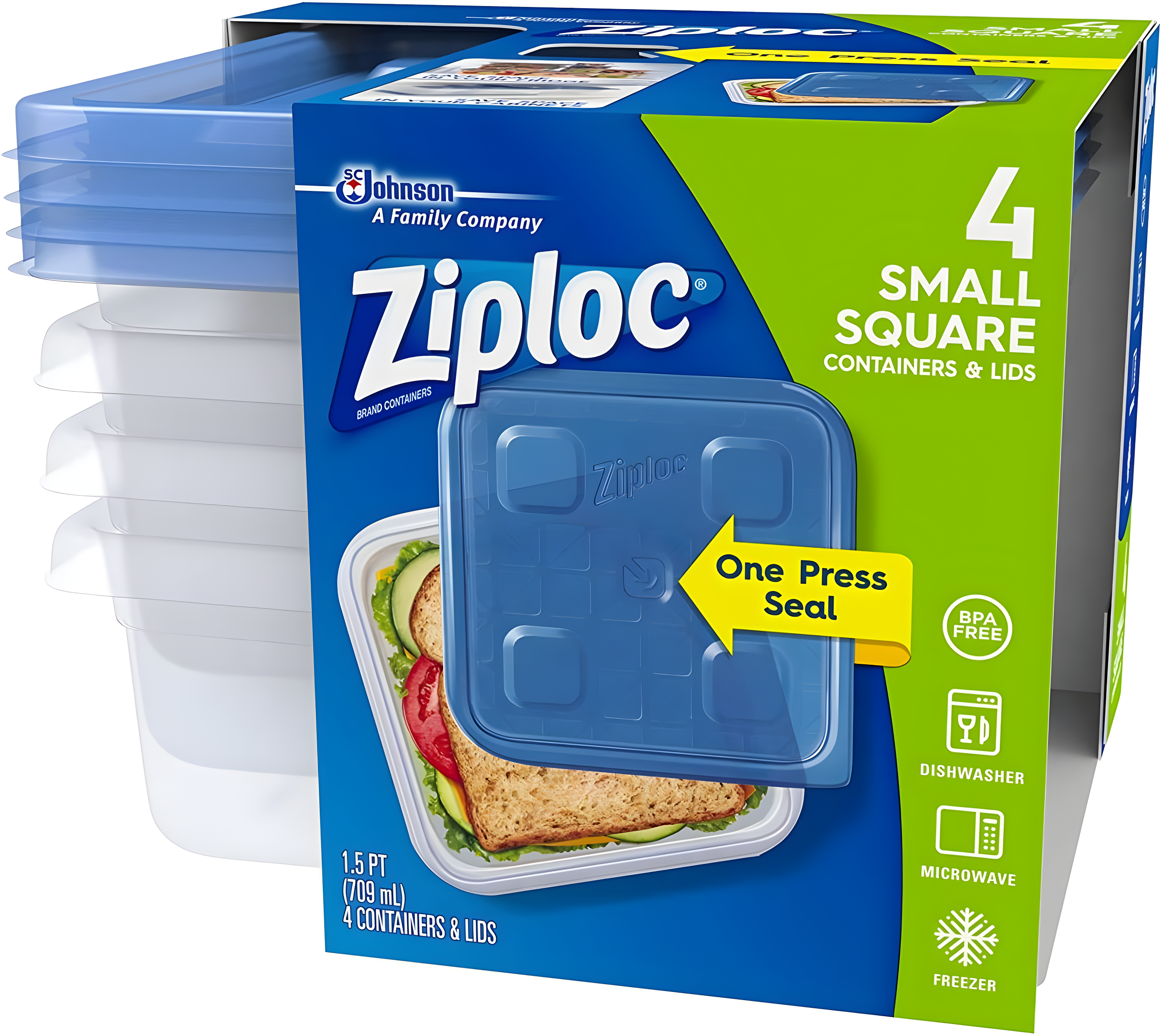 Ziploc® Brand, Food Storage Containers with Lids, Smart Snap Technology, Square, 4 ct