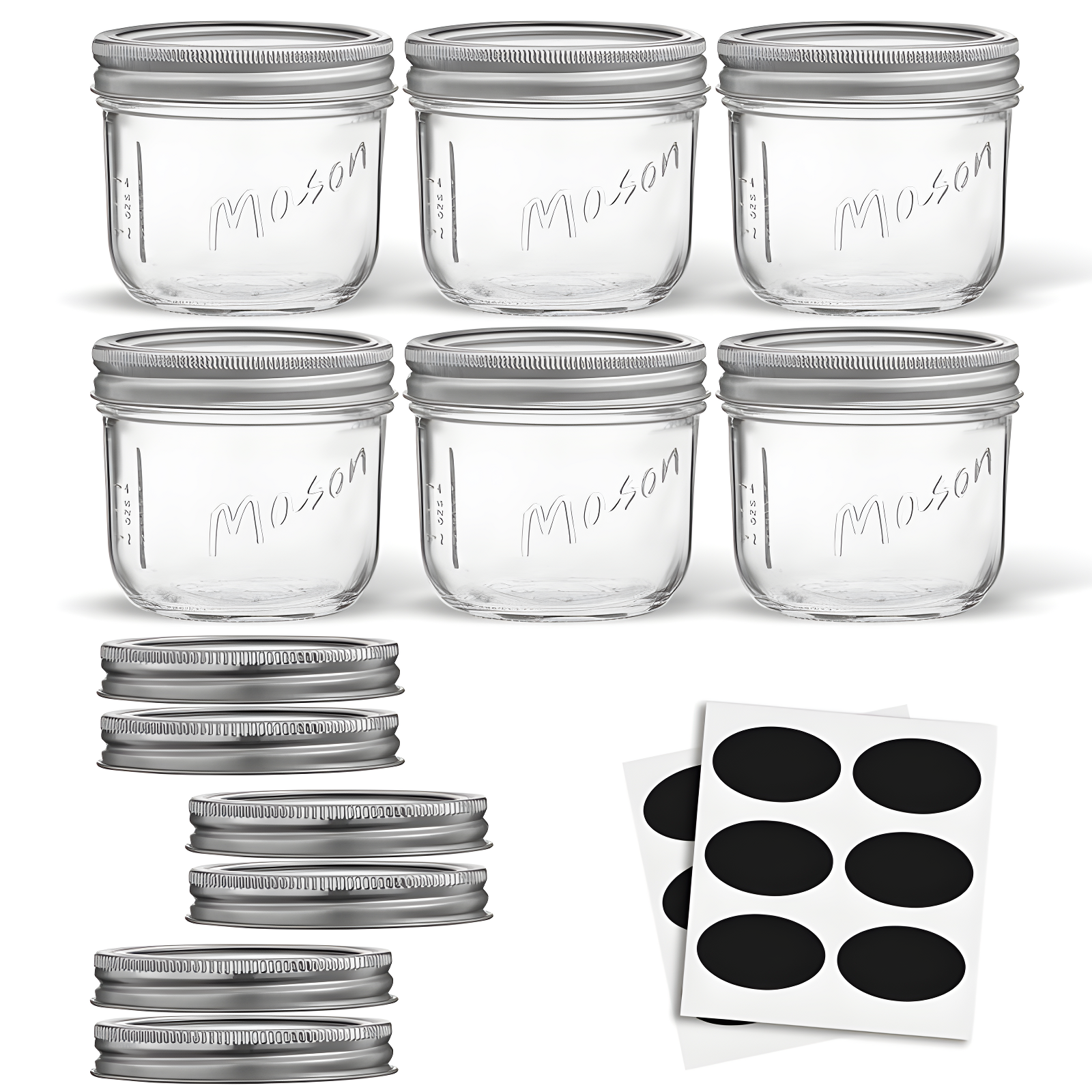 JoyJolt Wide Mason Jars with Airtight Lids, Labels and Measures - 8 oz - Set of 6