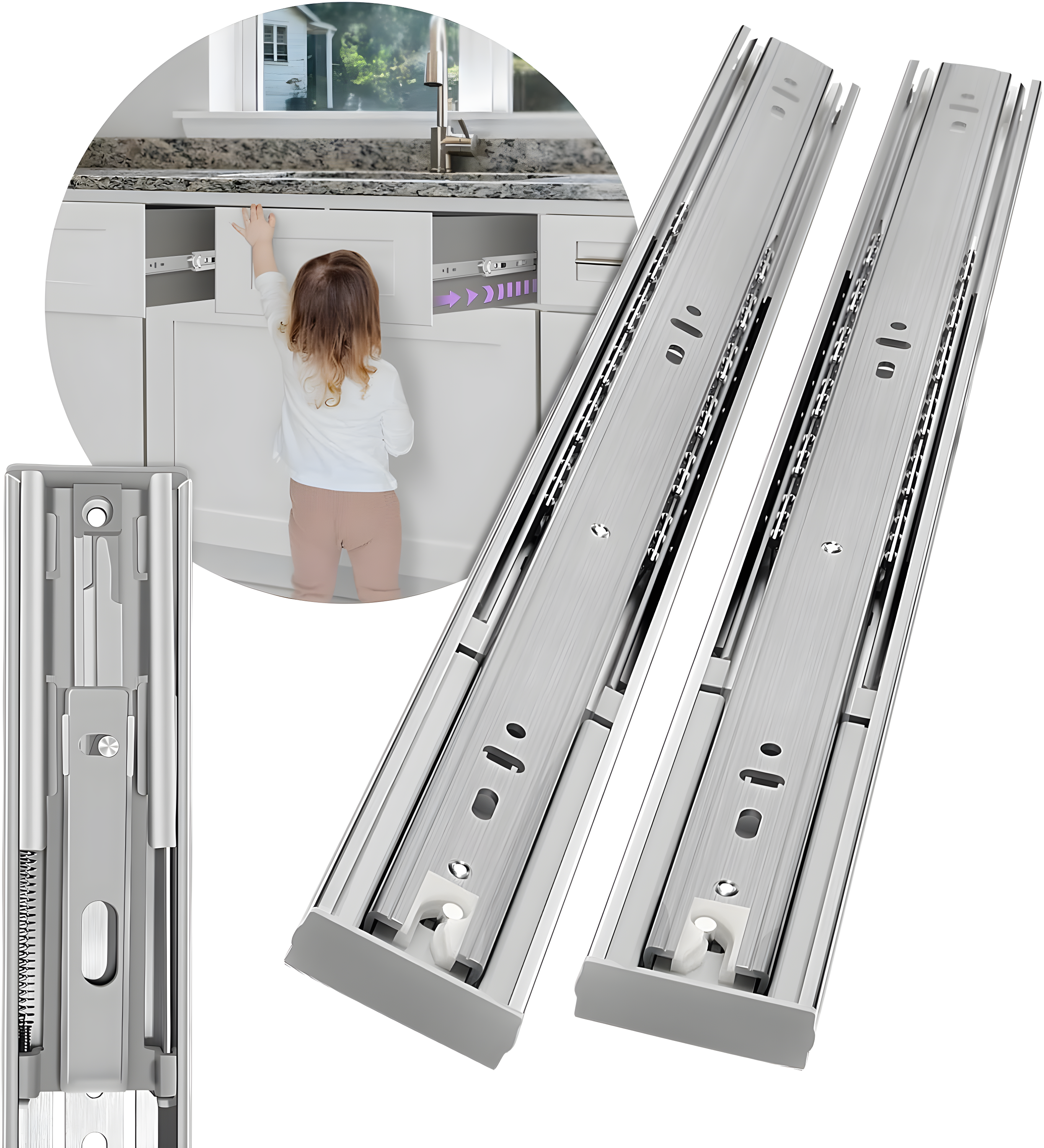 1 Pair Soft Close Stainless Steel Full Extension Drawer Hardware Slides 100 lb Load Capacity Side Mount Ball Bearing Self Close Kitchen Cabinet Rails Dresser Runners(Sliver,14 inch)