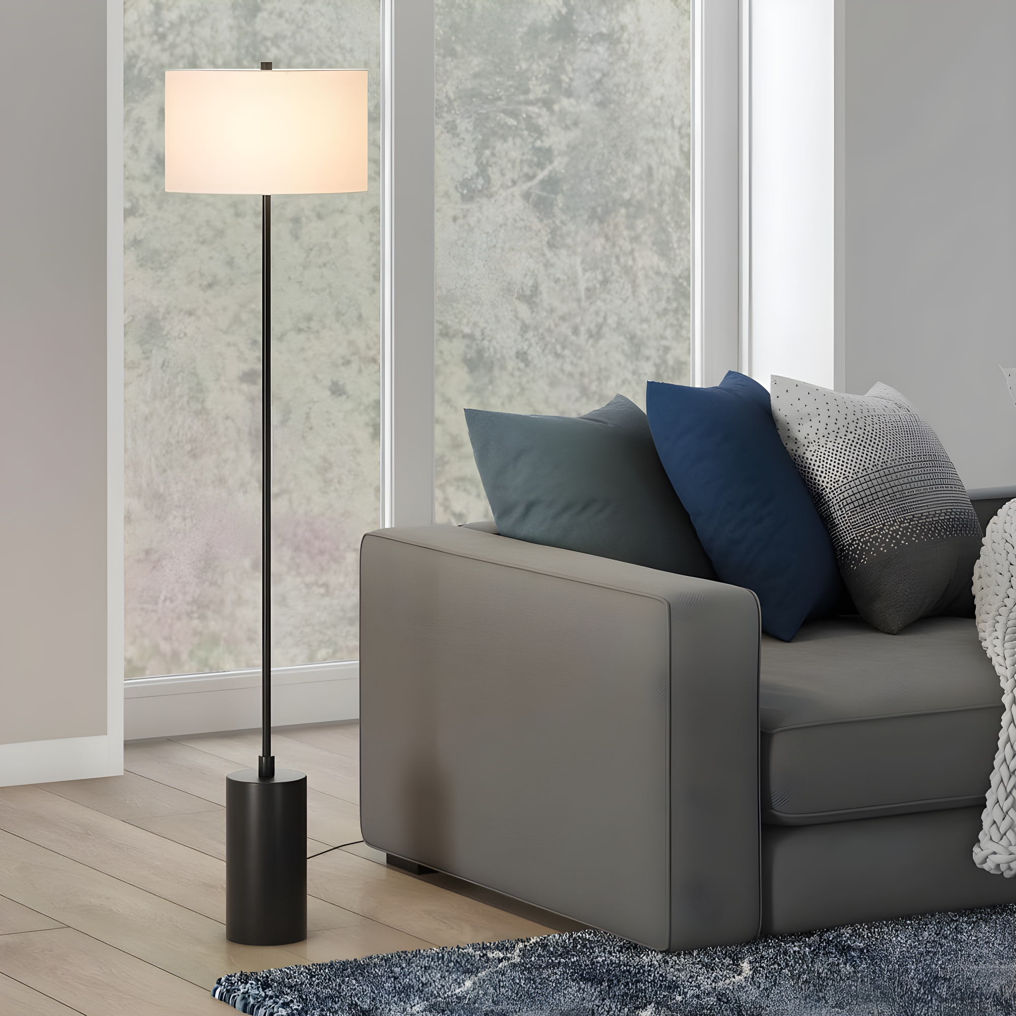 Evelyn&Zoe Somerset 64" Tall Floor Lamp with Drum Fabric Shade, Blackened Bronze/White