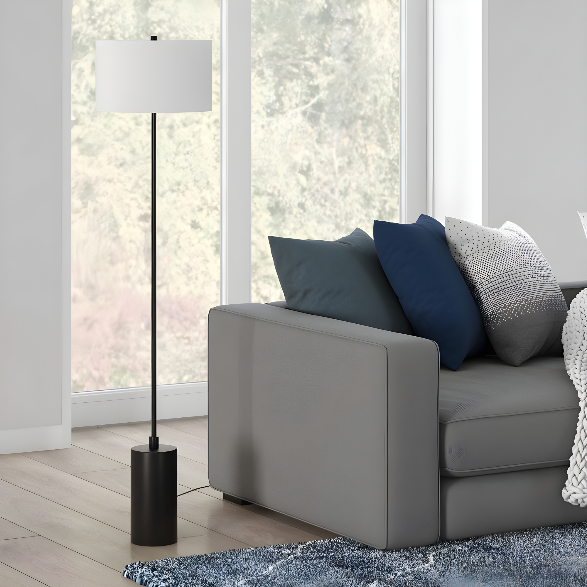 Evelyn&Zoe Somerset 64" Tall Floor Lamp with Drum Fabric Shade, Blackened Bronze/White