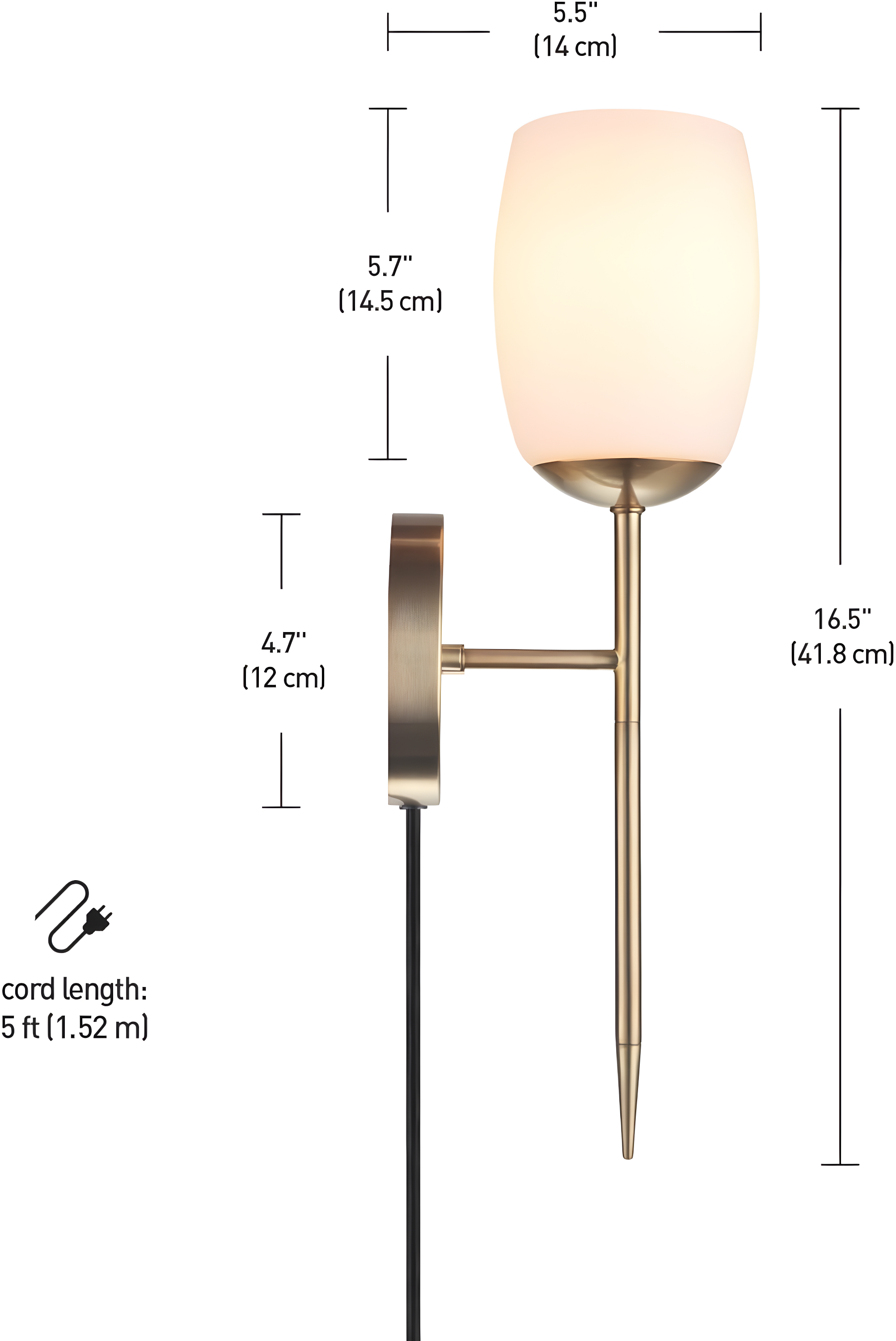 1-Light Matte Brass Plug-In or Hardwire Wall Sconce with Opal Glass Shade