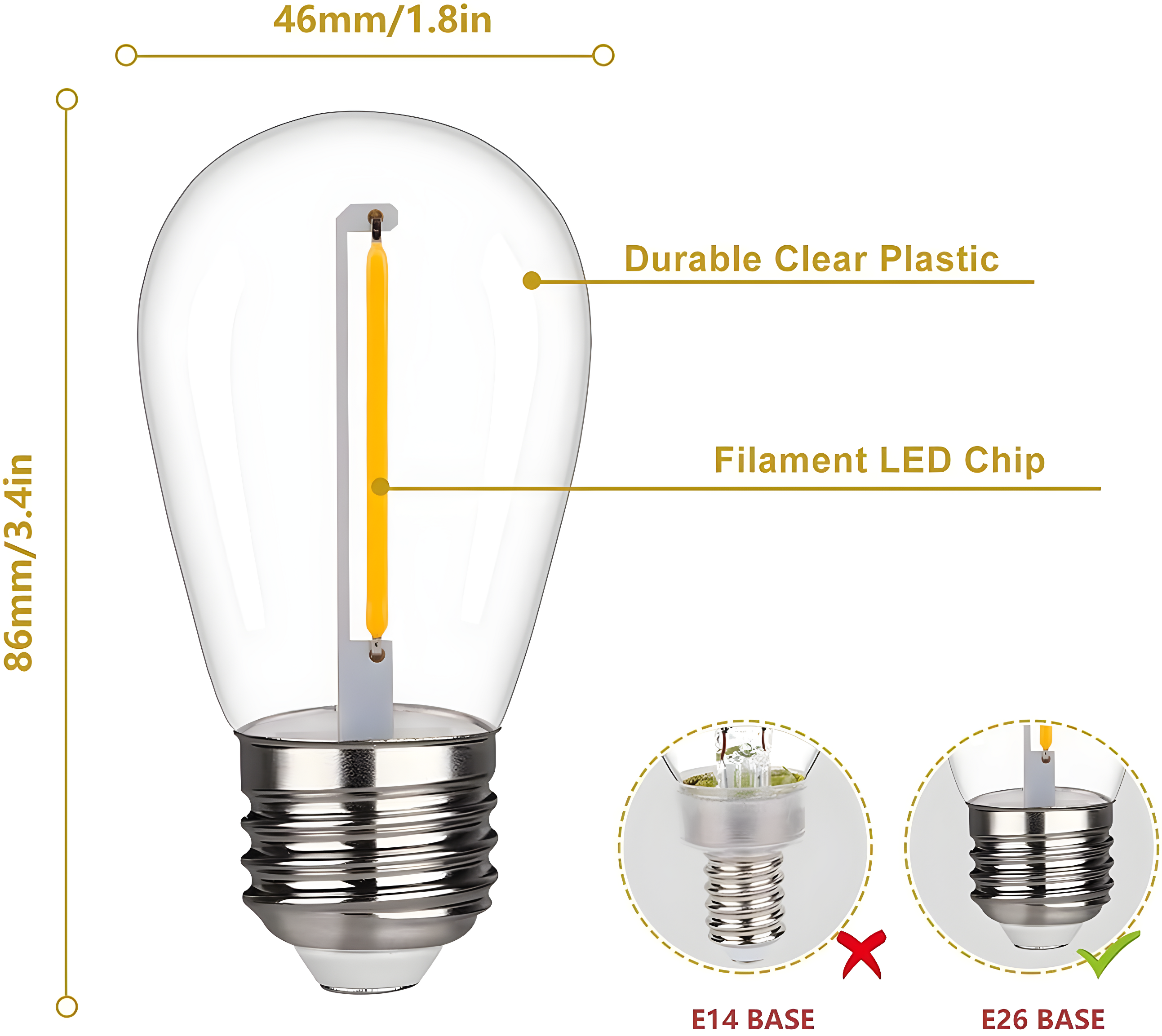 Svater Replacement Bulbs for Outdoor String Lights, 15 Pack S14 LED Bulbs for Patio, E26 Base 1W Bulb Equal to 11W Incandescent, Dimmable,Shatterproof 2700K Warm White