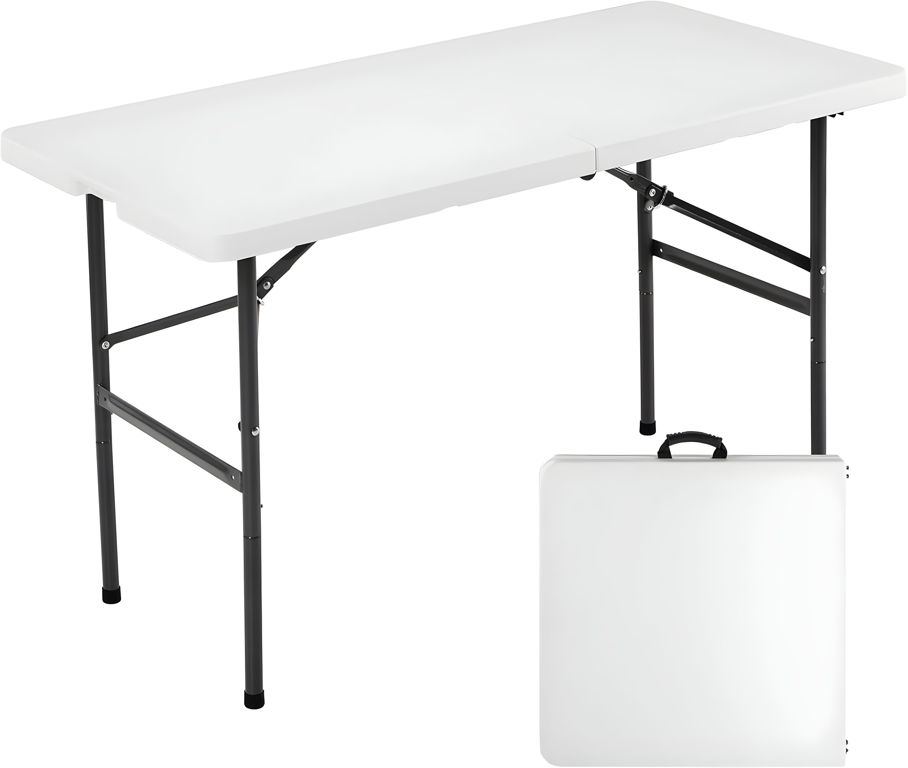 4 ft Portable Folding Table, Idustrial Heavy-Duty Foldable Table, HDPE Plastic Table, with Carrying Handle, Locks, Stright Legs for Indoor & Outdoor Party, Barbeque, Camping, Board Games - White