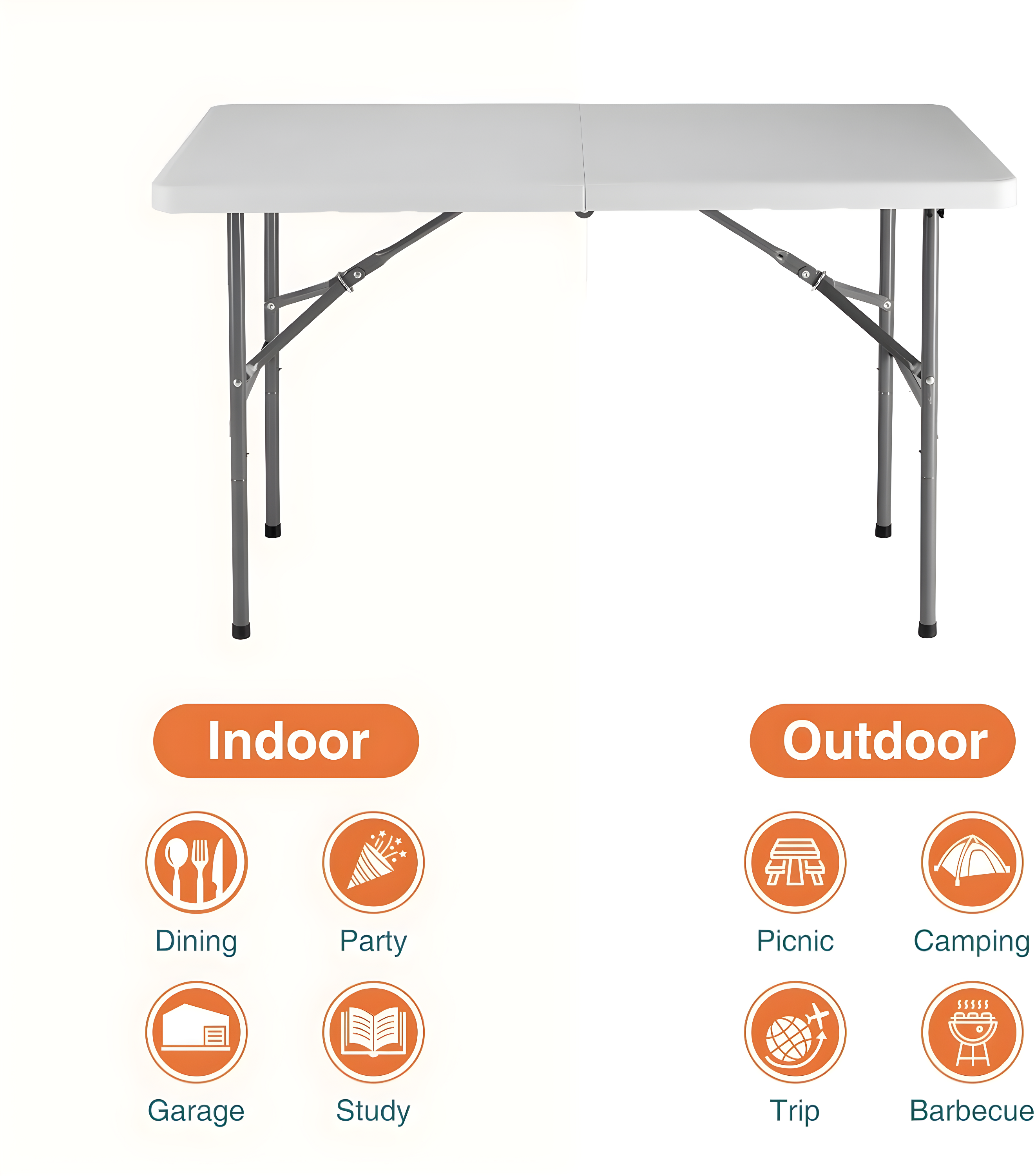 4 ft Portable Folding Table, Idustrial Heavy-Duty Foldable Table, HDPE Plastic Table, with Carrying Handle, Locks, Stright Legs for Indoor & Outdoor Party, Barbeque, Camping, Board Games - White