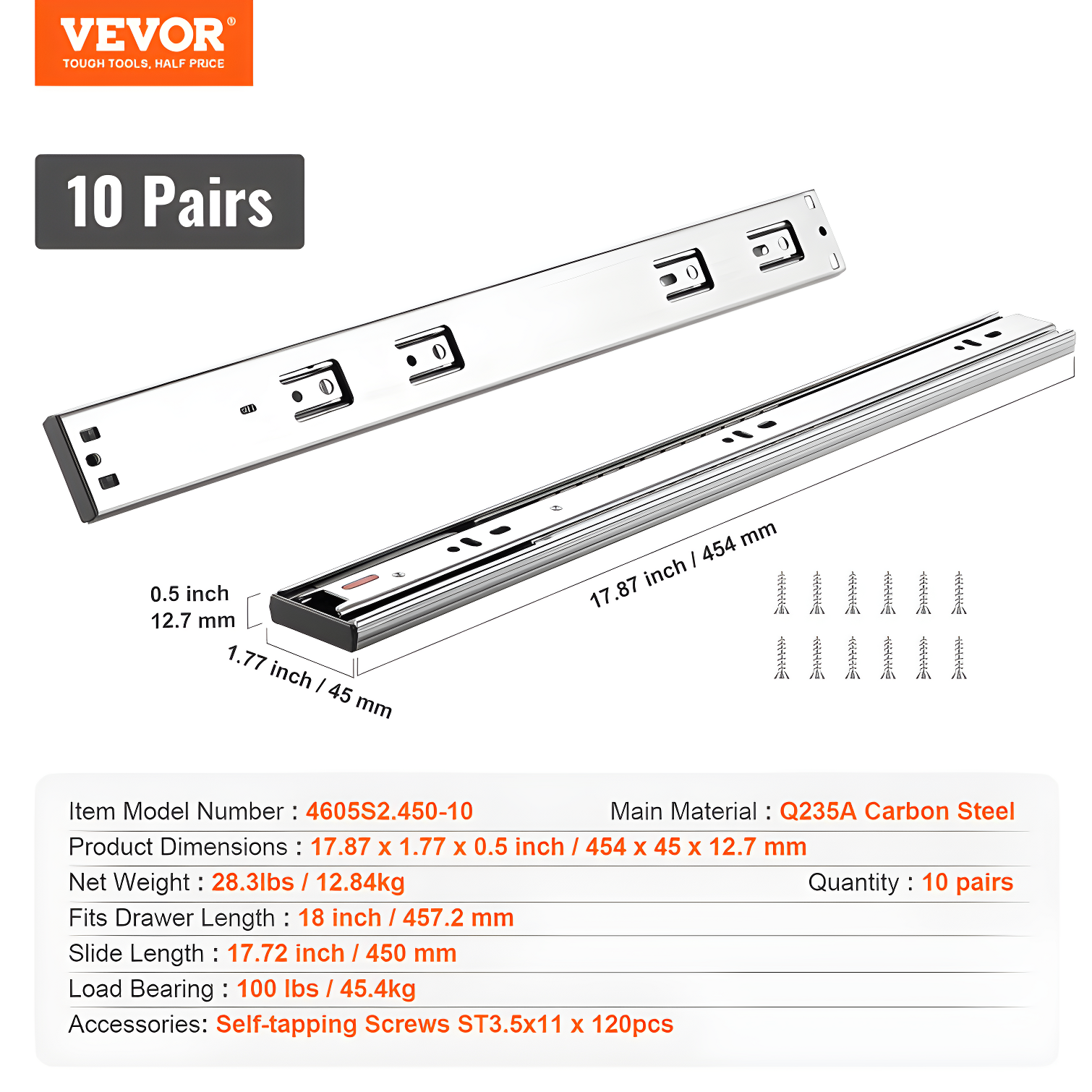 VEVOR Full Extension 1.77'' Soft Close Side Mount Metal Drawer Slide (Set of 10)