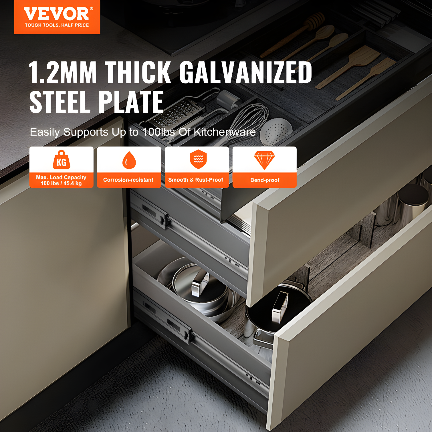 VEVOR Full Extension 1.77'' Soft Close Side Mount Metal Drawer Slide (Set of 10)
