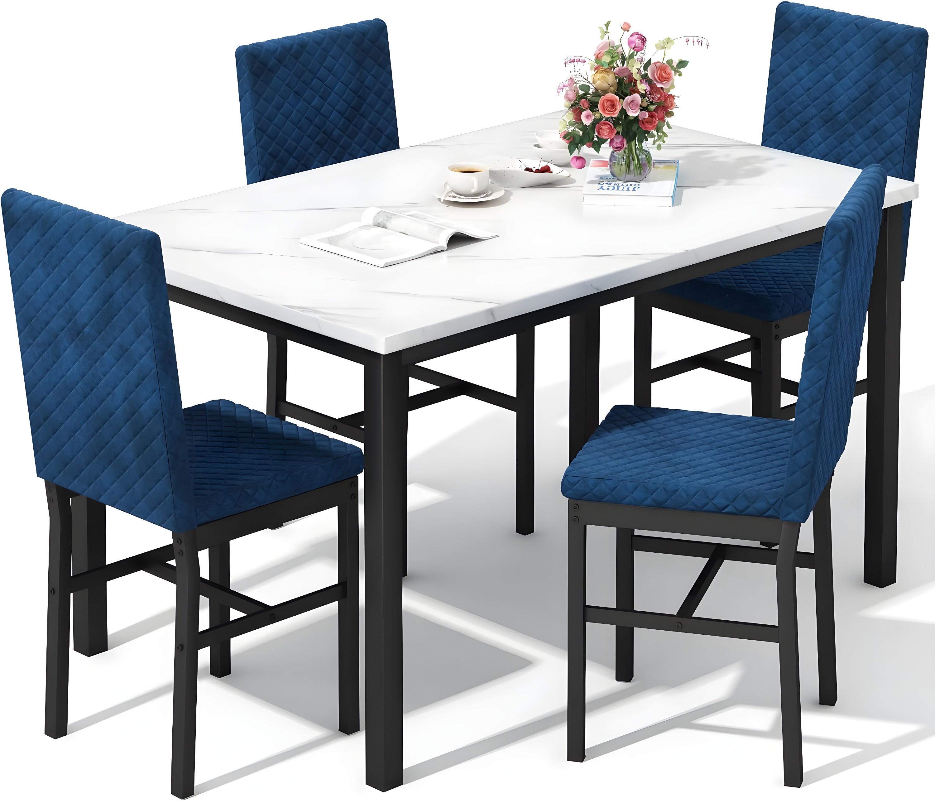 Lamerge Juego de Mesa de Comedor para 4, Juego de Mesa y Sillas de Cocina de 4, Juego de Mesa de Comedor de Mármol Sintético con 4 Sillas Tapizadas de Terciopelo para la Cocina Del Hogar, Blanco y Azul