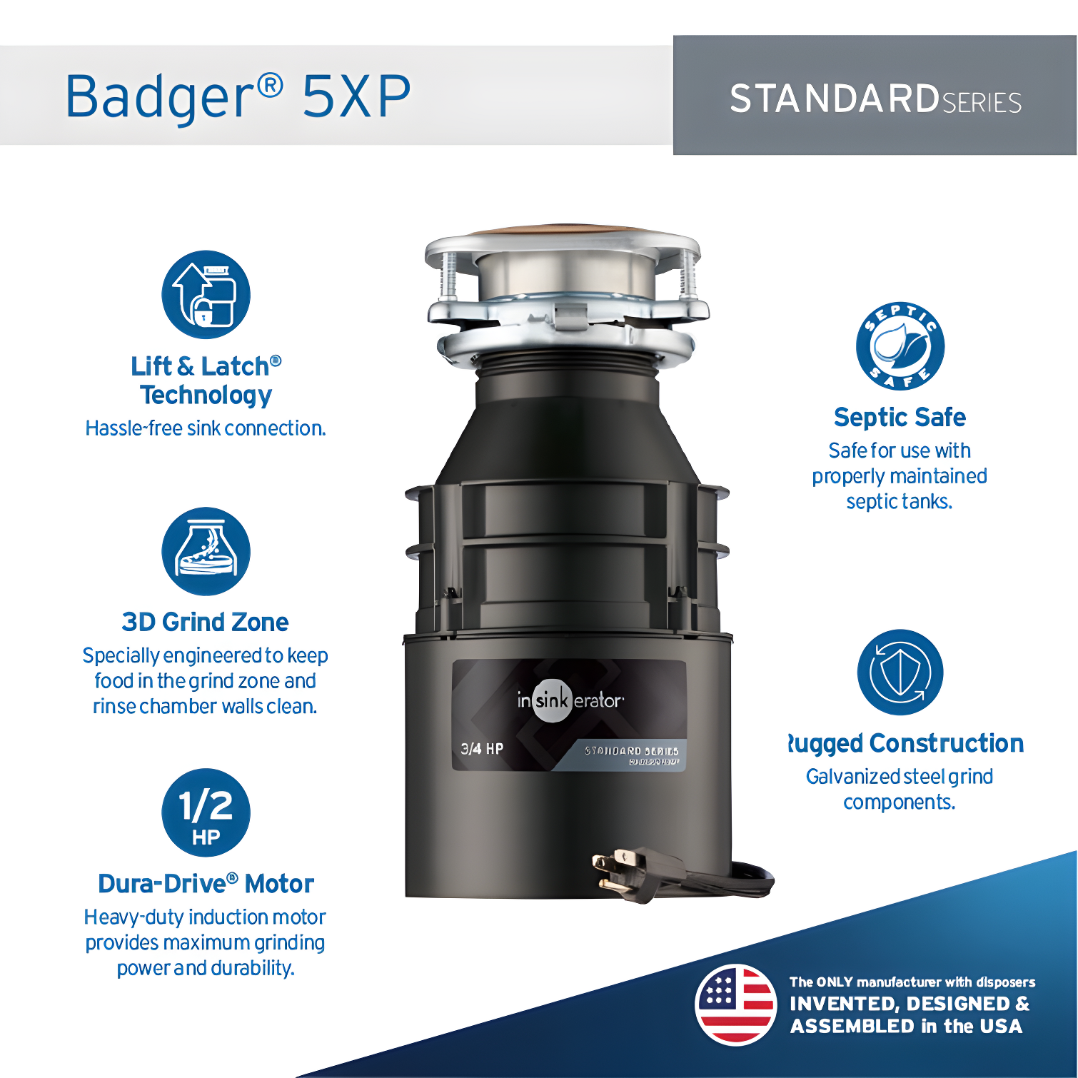 Badger 5XP 3/4 HP Continuous Feed Garbage Disposal