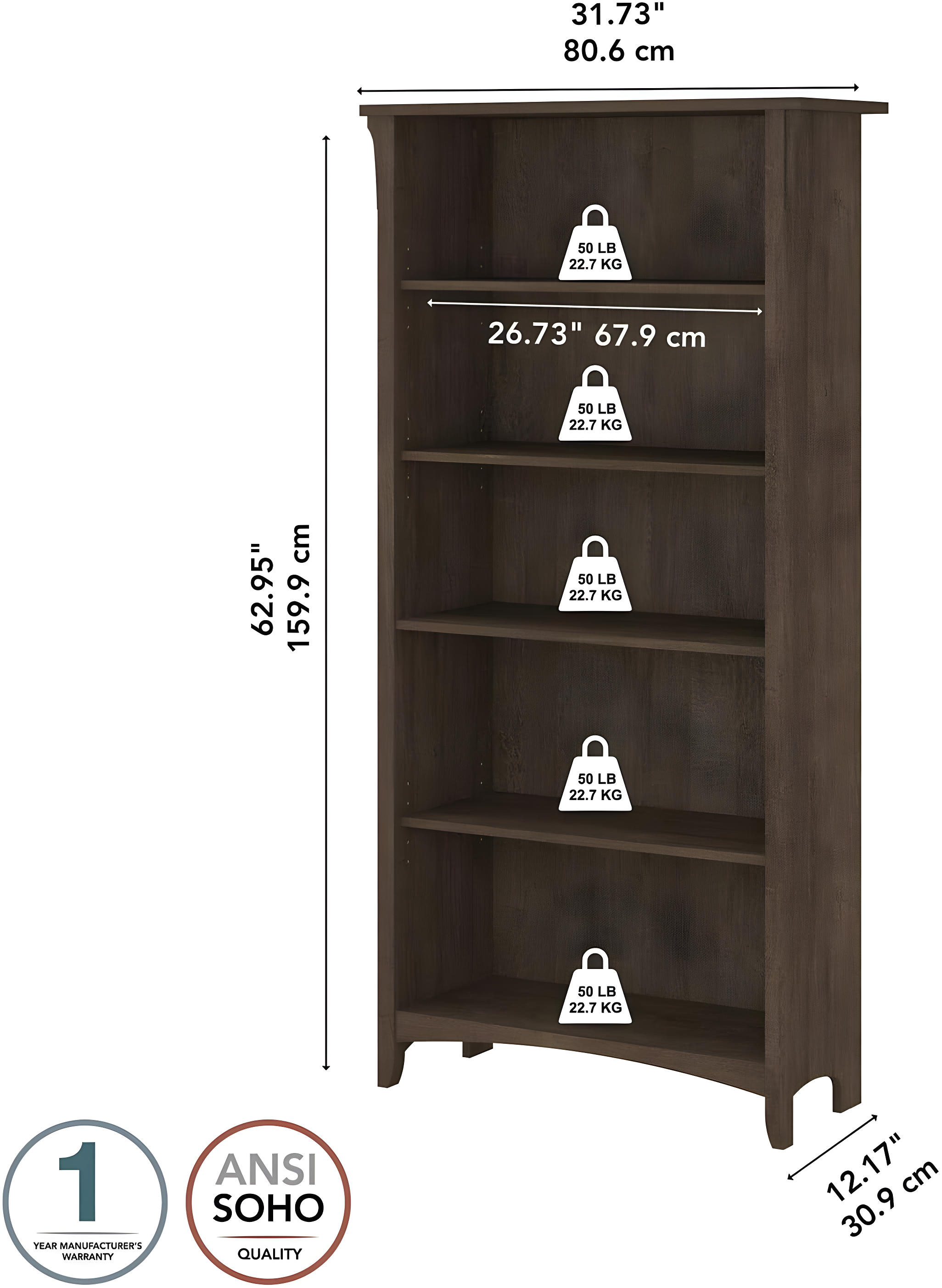 Khadesha 5 Shelf 63" Standard Bookcase