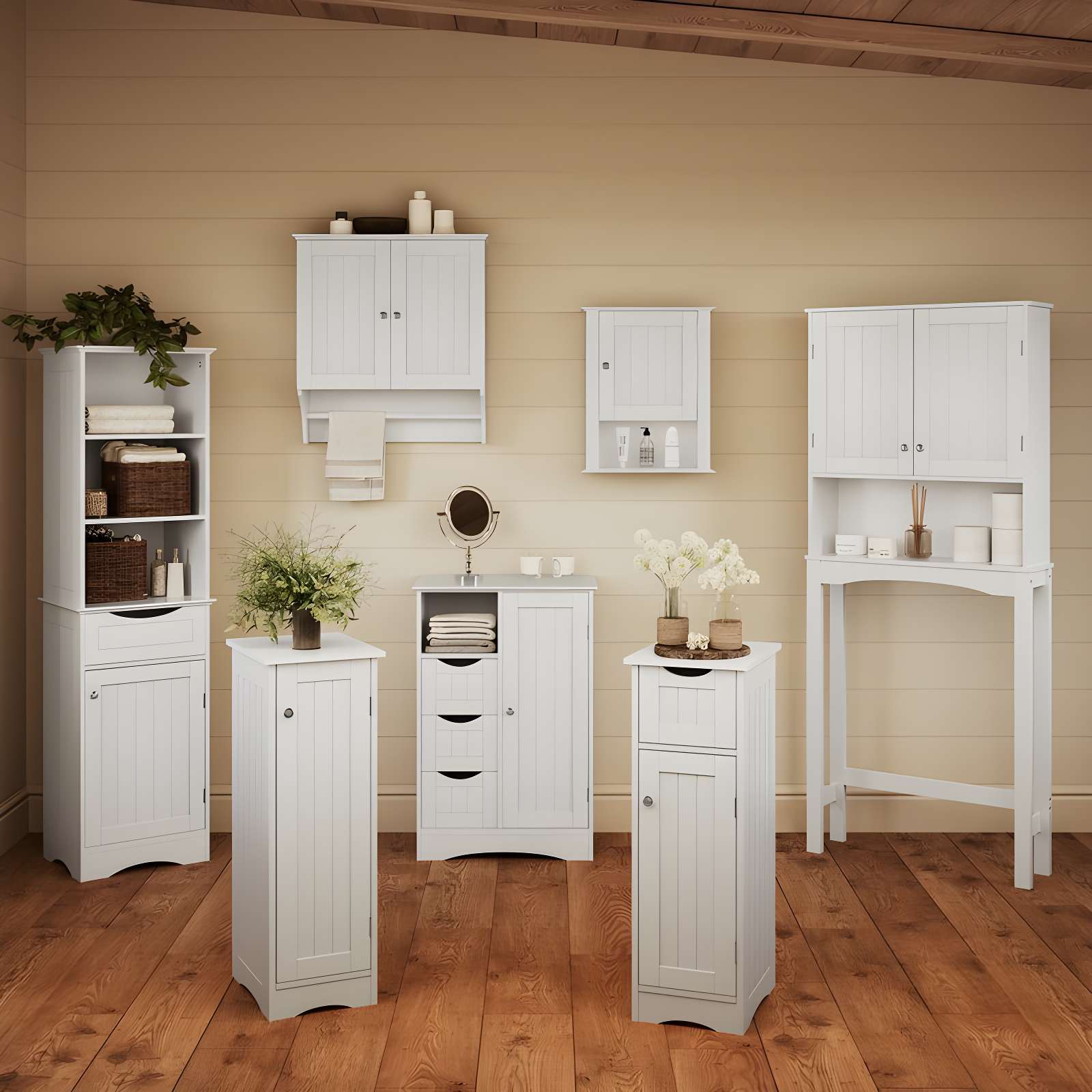 RiverRidge Ashland Tall Bathroom Storage Linen Cabinet and Organizer with Drawer and Shelves