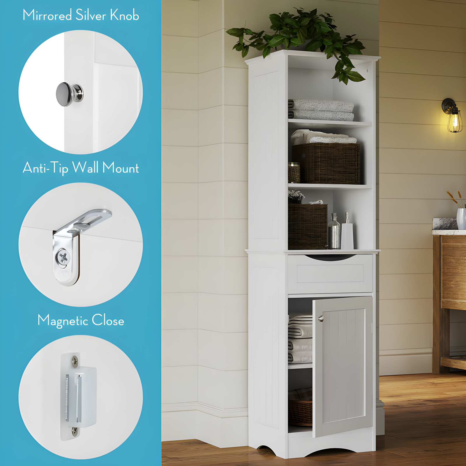 RiverRidge Ashland Tall Bathroom Storage Linen Cabinet and Organizer with Drawer and Shelves