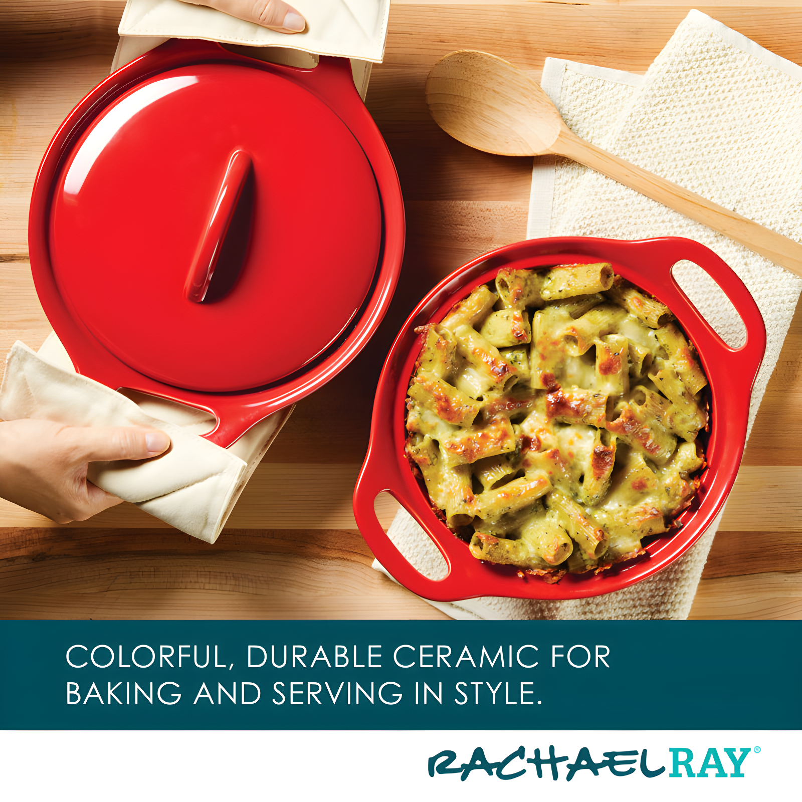 Rachael Ray Rachael Ray Ceramic Casserole Bakers Set, Includes 1.5-Quart And 2-Quart Round Casserole, With Shared Lid, 3 Piece, Red