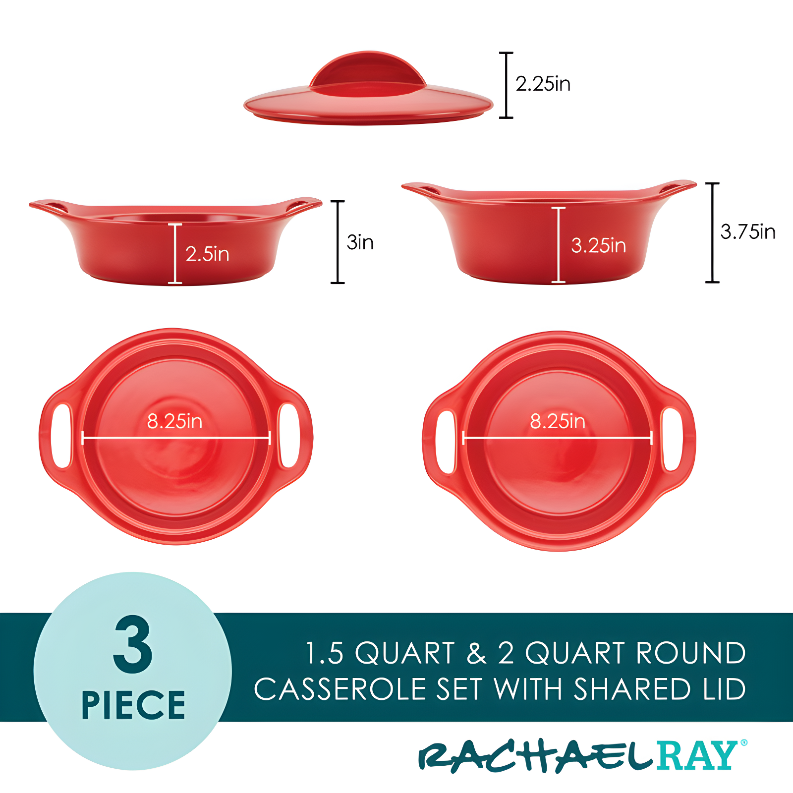 Rachael Ray Rachael Ray Ceramic Casserole Bakers Set, Includes 1.5-Quart And 2-Quart Round Casserole, With Shared Lid, 3 Piece, Red
