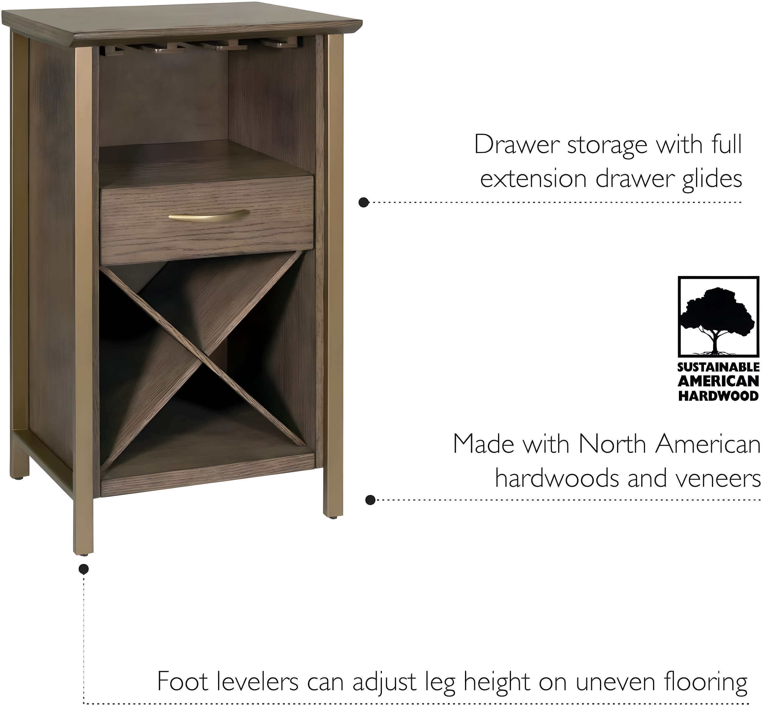 Lea 20-inch W x 36-inch H Dune Brown and Gold Mini Bar Cabinet for Stemware and Bottle Storage