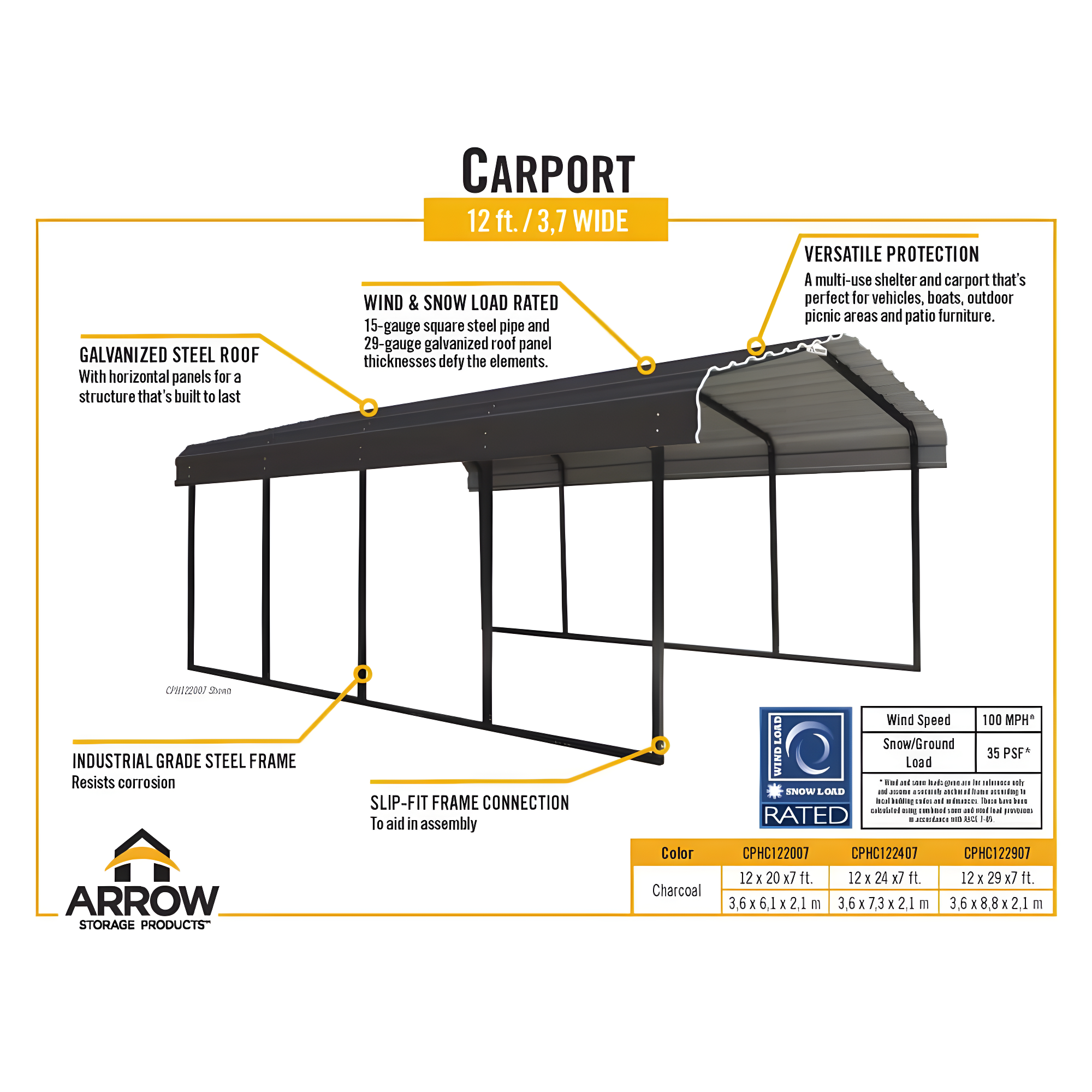 Steel Carport, 12 ft. x 20 ft. x 7 ft. Galvanized Black/Charcoal