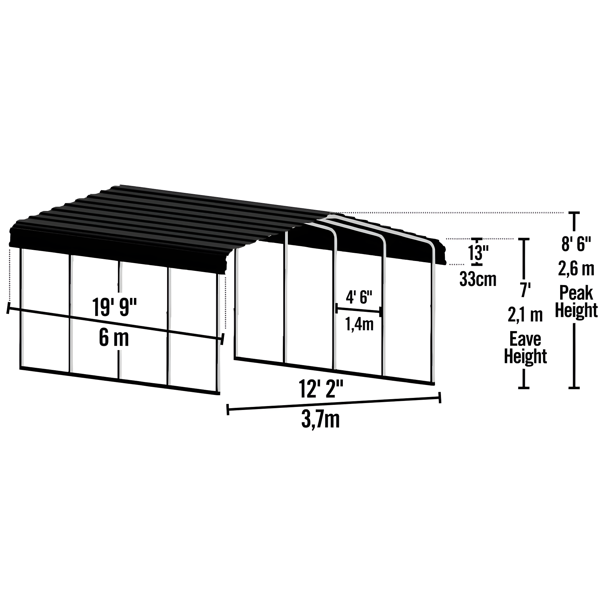 Steel Carport, 12 ft. x 20 ft. x 7 ft. Galvanized Black/Charcoal