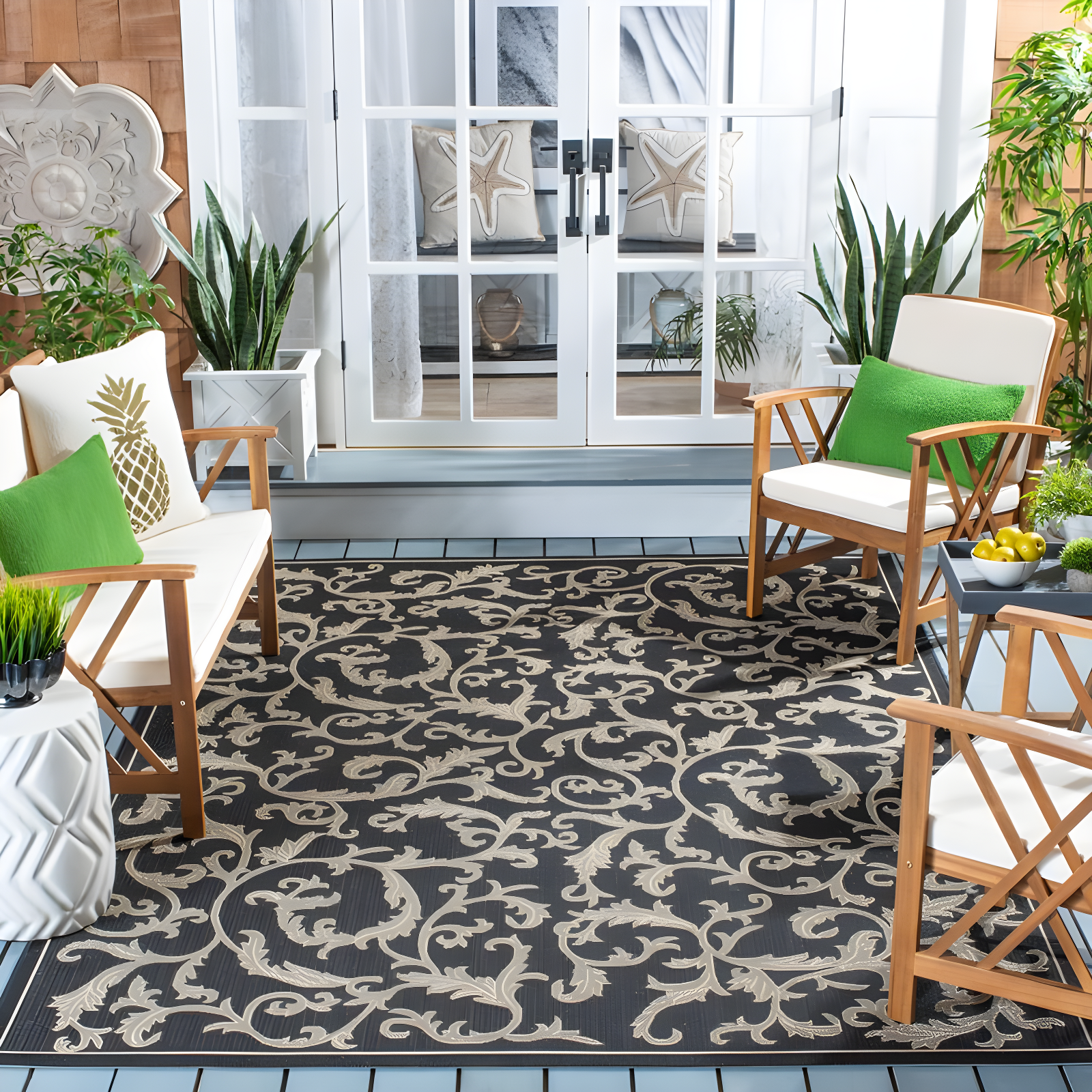 Courtyard CY2653 Power Loomed Indoor and Outdoor Area Rug - Black/Sand - 7'10"x7'10" - Safavieh