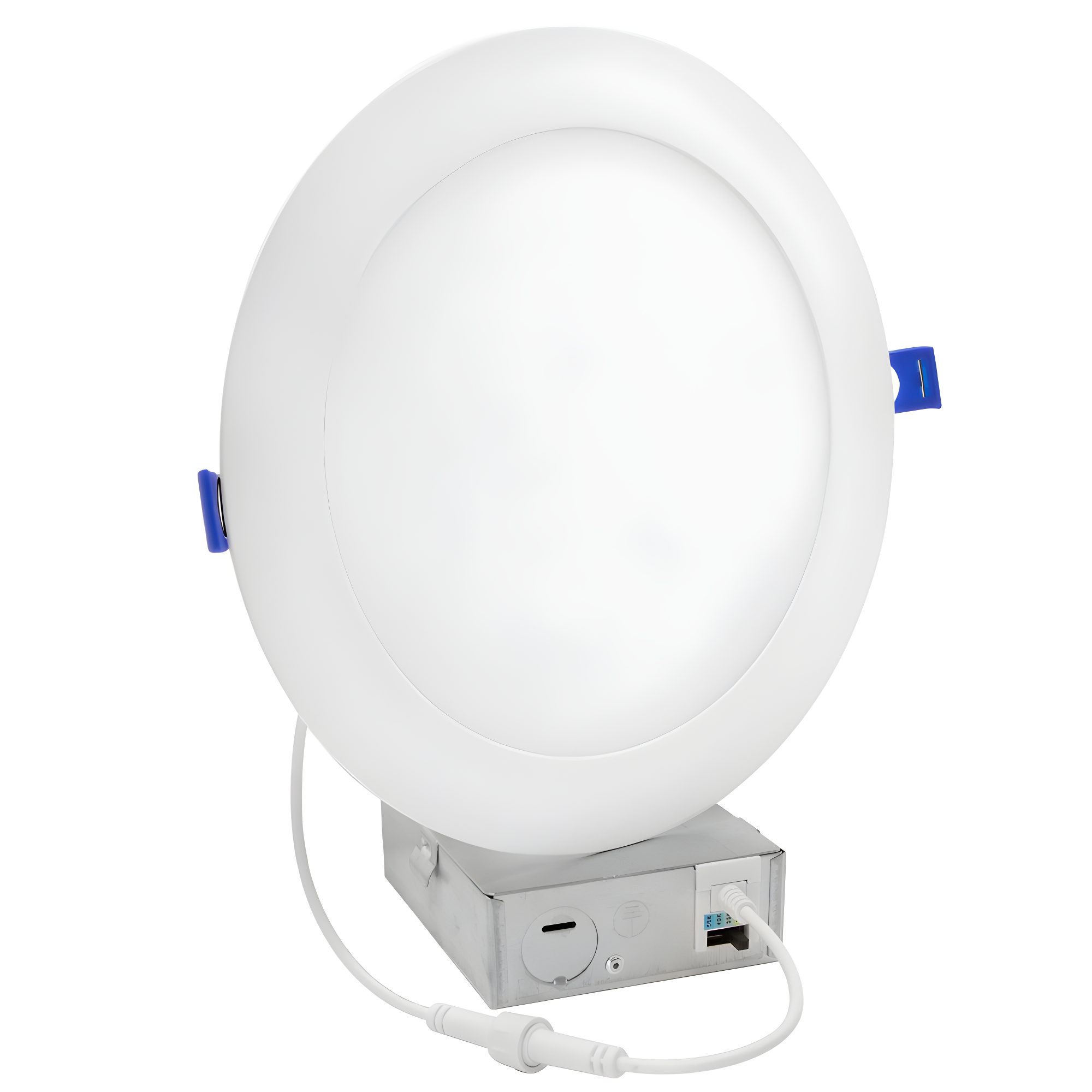 Maxxima 8 in. 5CCT Round Recessed LED Downlight, 1600 Lumens Slim Round Flat Panel Color Selectable 2700K-5000K (2700K/3000K/3500K/4000K/5000K), Dimmable, Canless IC Rated, White Trim, J-Box Included