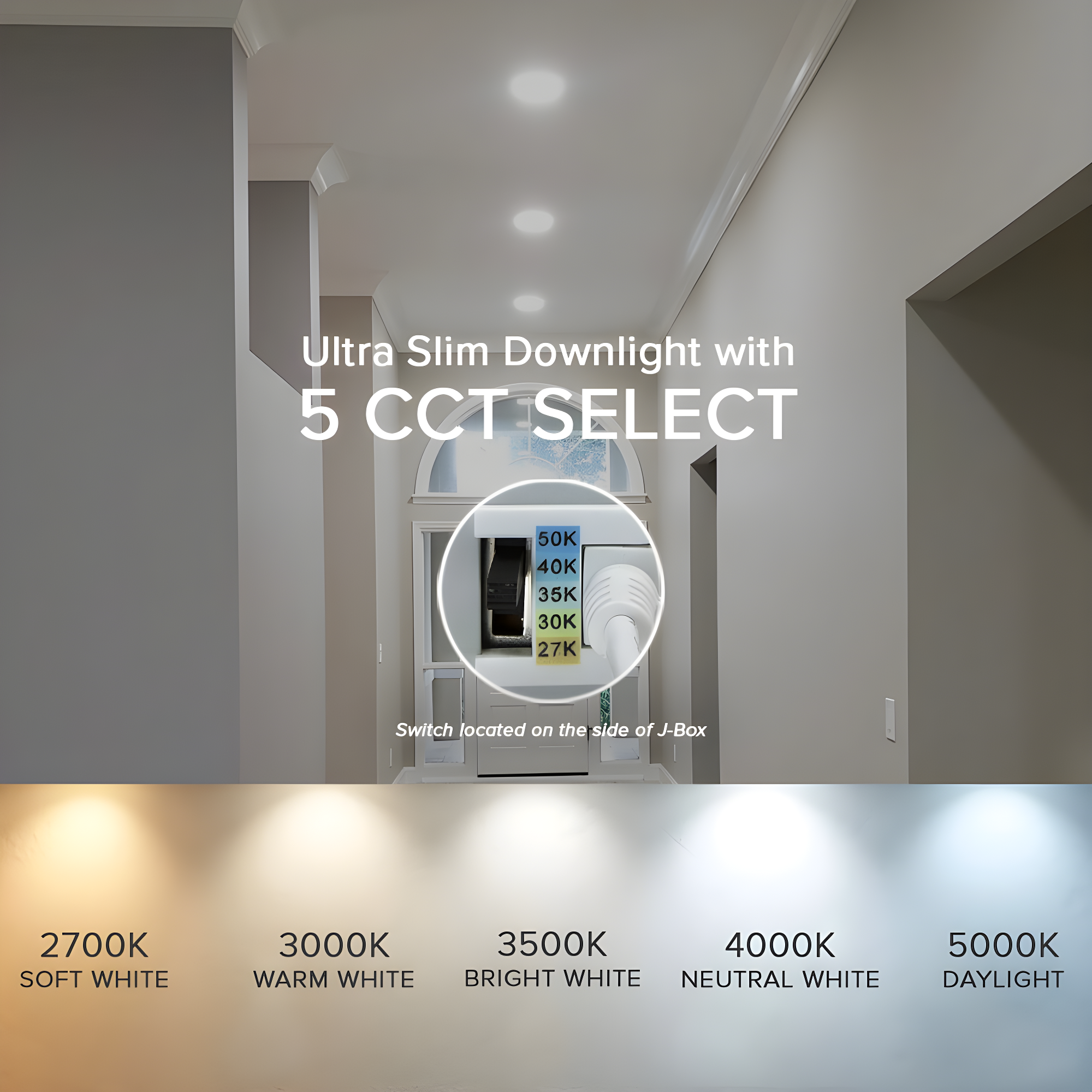 Maxxima 8 in. 5CCT Round Recessed LED Downlight, 1600 Lumens Slim Round Flat Panel Color Selectable 2700K-5000K (2700K/3000K/3500K/4000K/5000K), Dimmable, Canless IC Rated, White Trim, J-Box Included