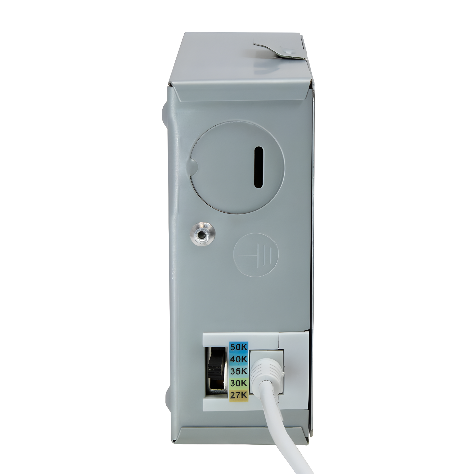 Maxxima 8 in. 5CCT Round Recessed LED Downlight, 1600 Lumens Slim Round Flat Panel Color Selectable 2700K-5000K (2700K/3000K/3500K/4000K/5000K), Dimmable, Canless IC Rated, White Trim, J-Box Included