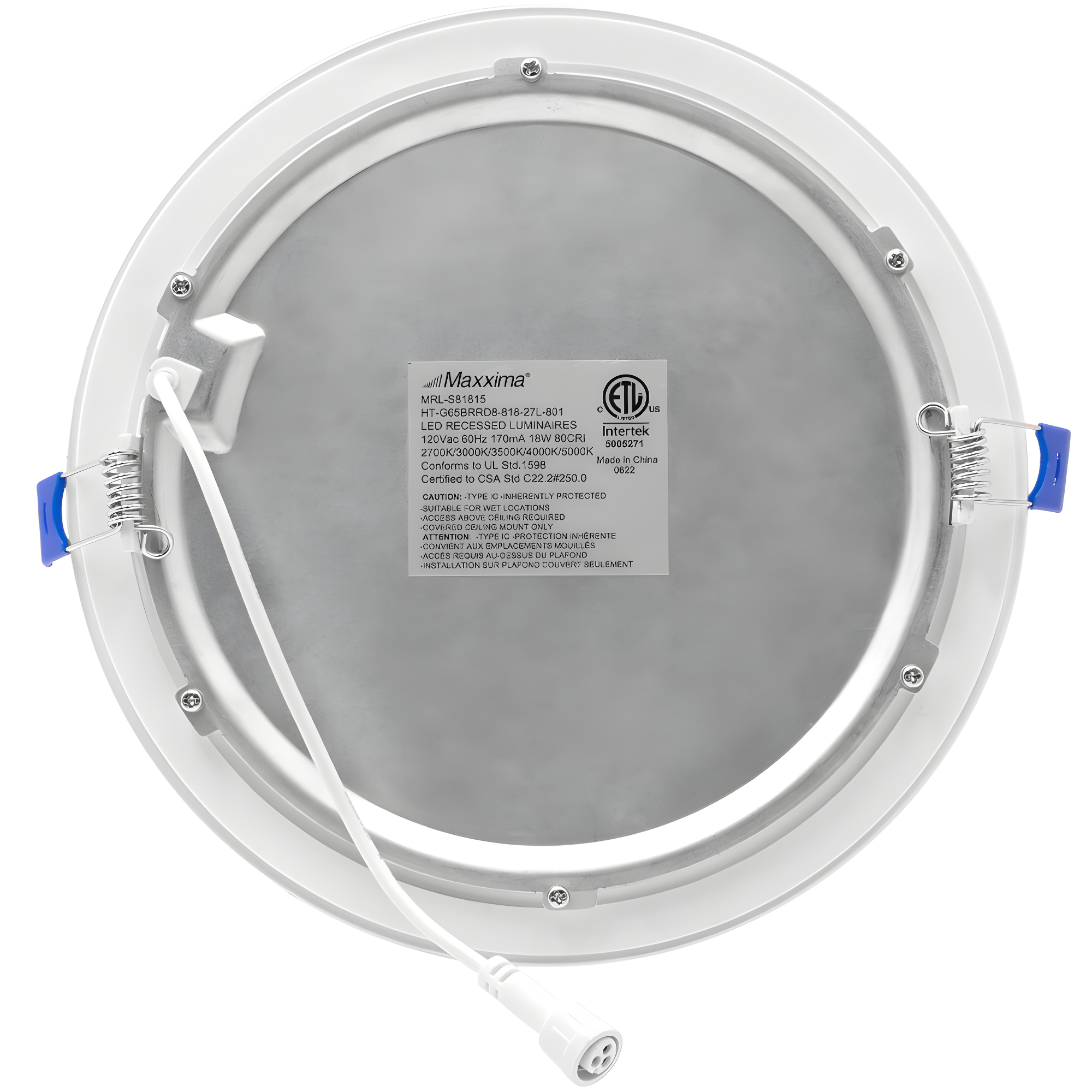 Maxxima 8 in. 5CCT Round Recessed LED Downlight, 1600 Lumens Slim Round Flat Panel Color Selectable 2700K-5000K (2700K/3000K/3500K/4000K/5000K), Dimmable, Canless IC Rated, White Trim, J-Box Included