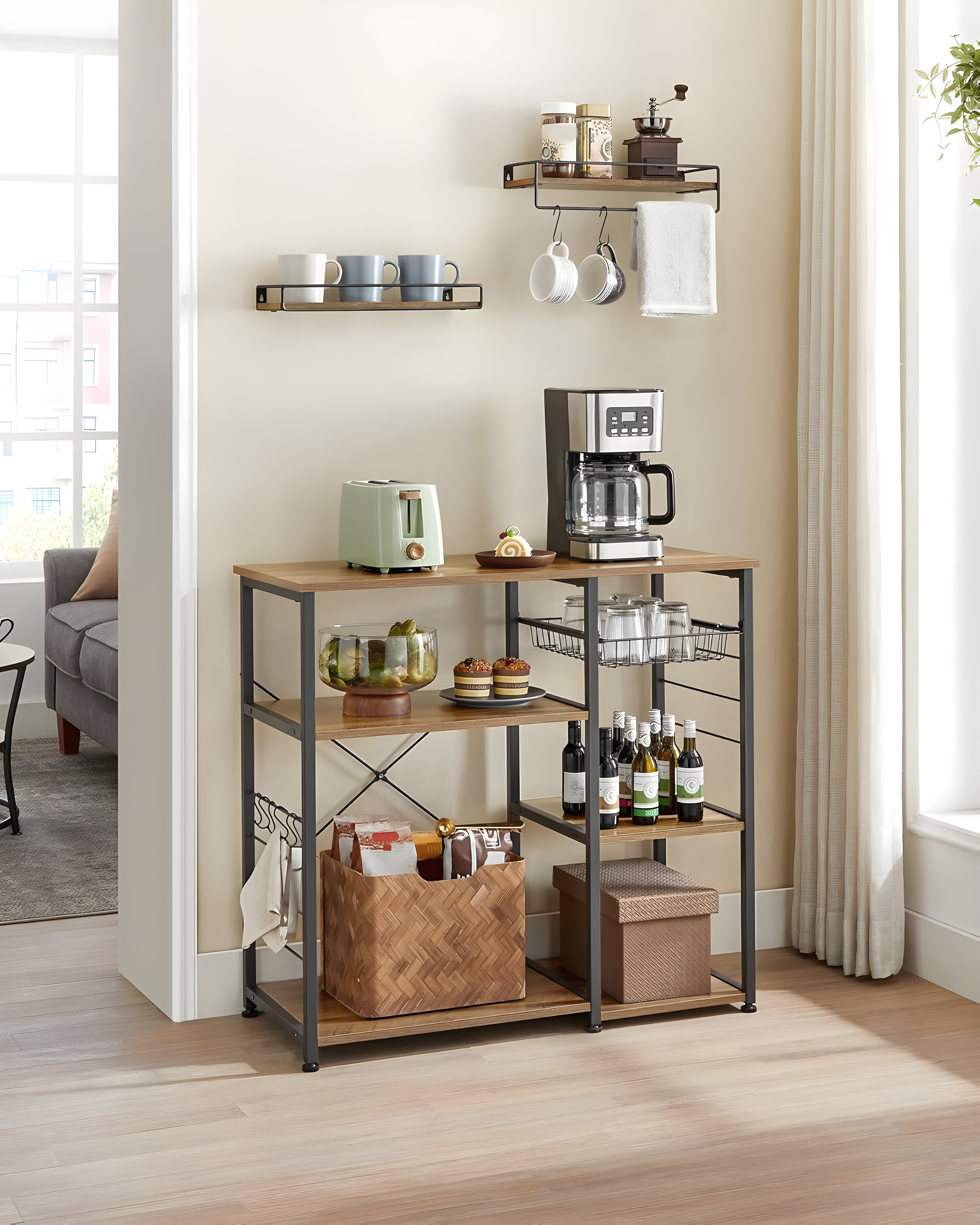VASAGLE ALINRU Kitchen Baker’s Rack Coffee Bar Microwave Oven Stand 6 Hooks for Mini Oven Rustic Walnut and Black